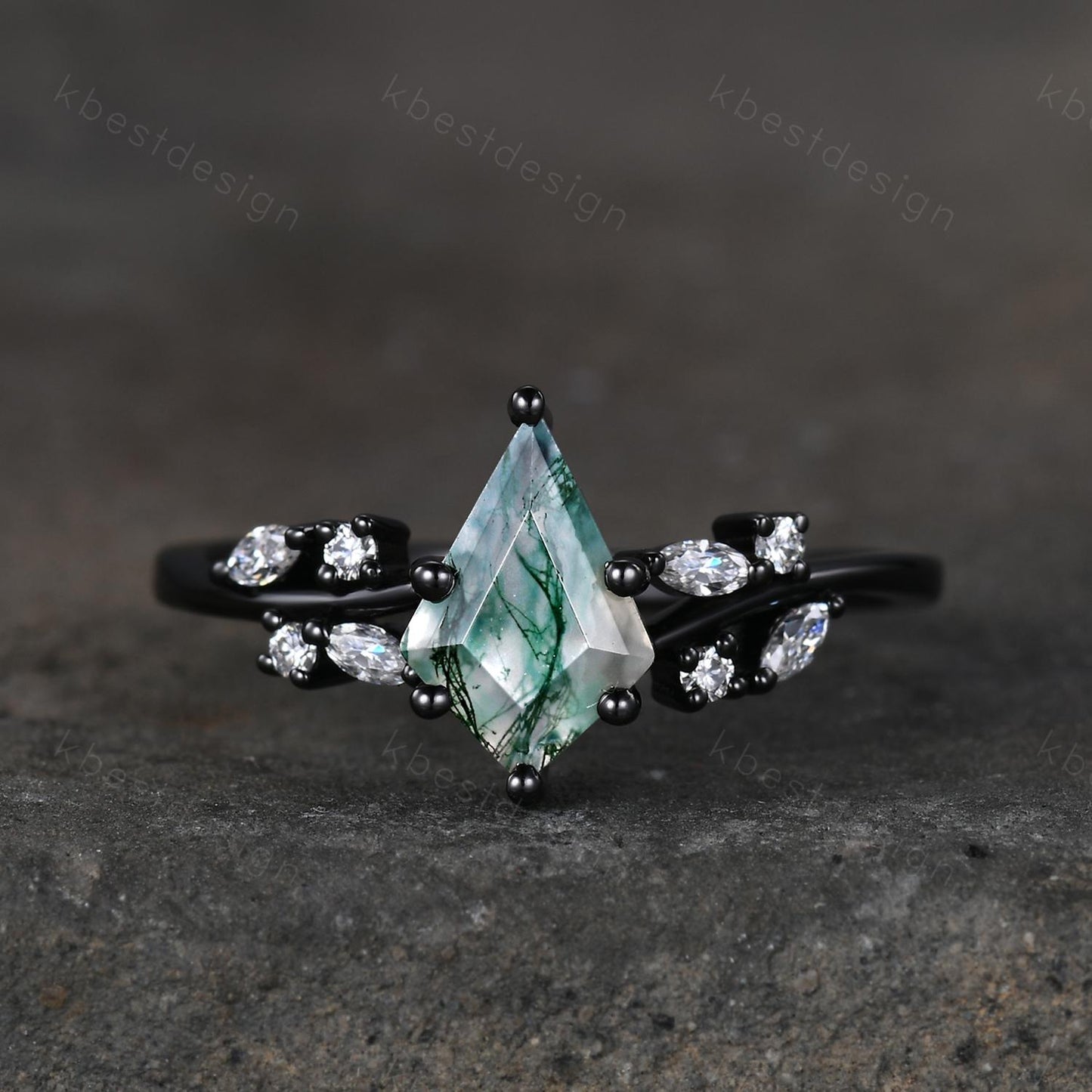 Vintage moss agate engagement ring unique black gold promise ring for women moissanite cluster ring kite cut bridal anniversary ring