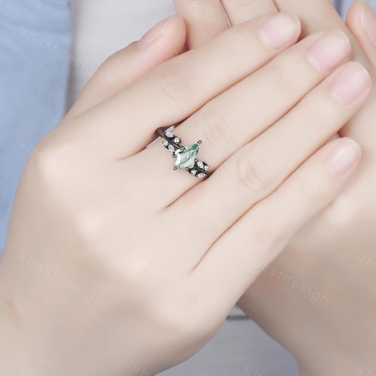 Vintage moss agate engagement ring unique black gold promise ring for women moissanite cluster ring kite cut bridal anniversary ring