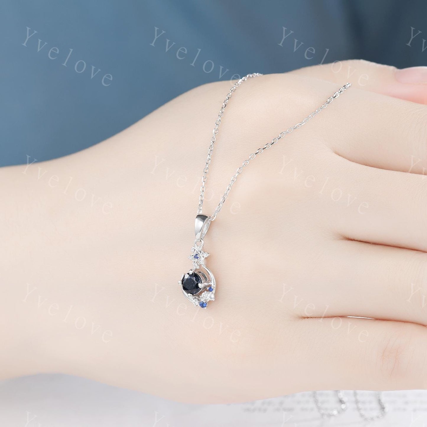 Art Deco round cut blue sandstone necklace solid 18k white gold cluster moon diamond pendant blue gemstone promise necklace anniversary gift