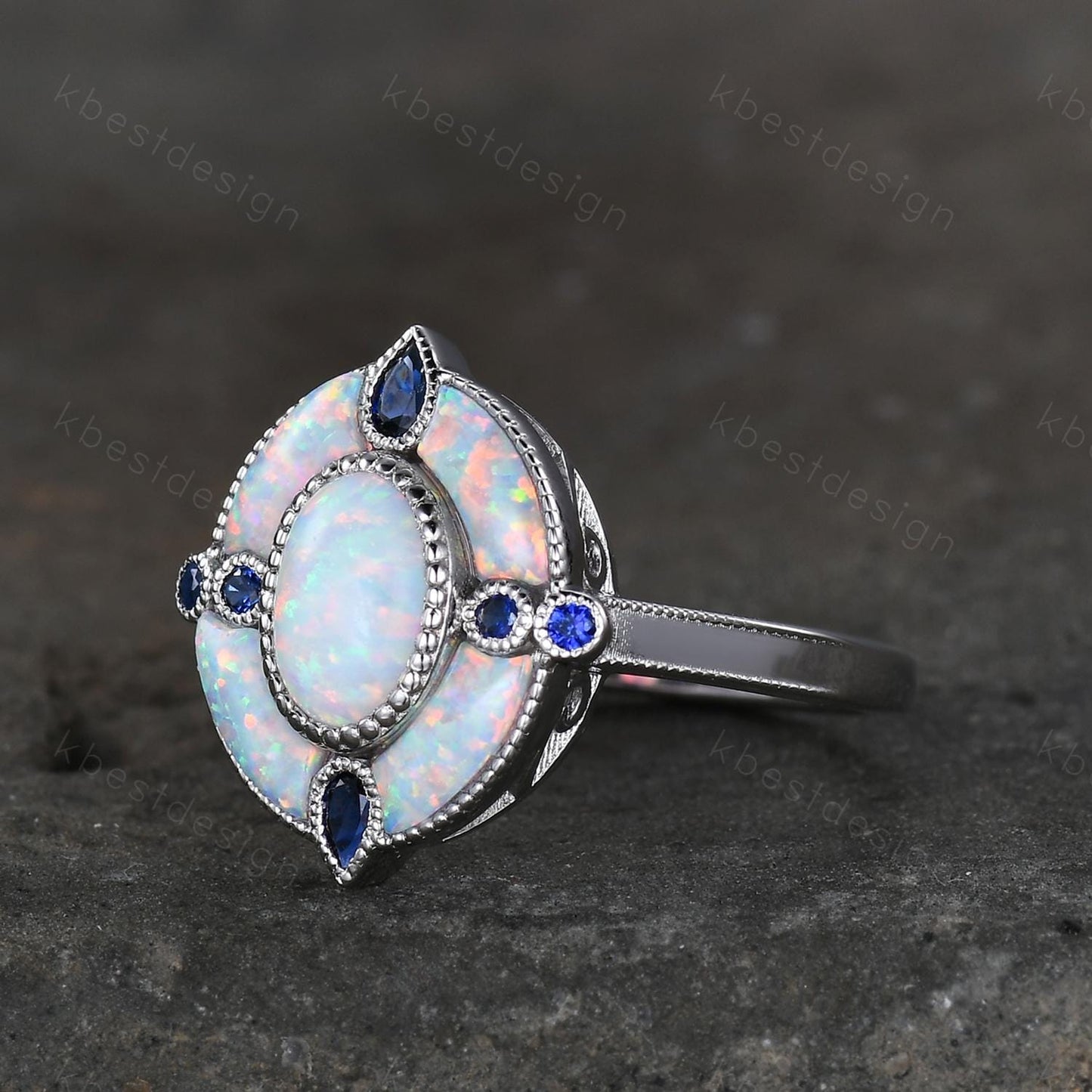 Antique White Opal Engagement Ring Sterling Silver Opal Sapphire Halo Engagement Ring Vintage Cocktail Ring October Birthstone Ring Gift