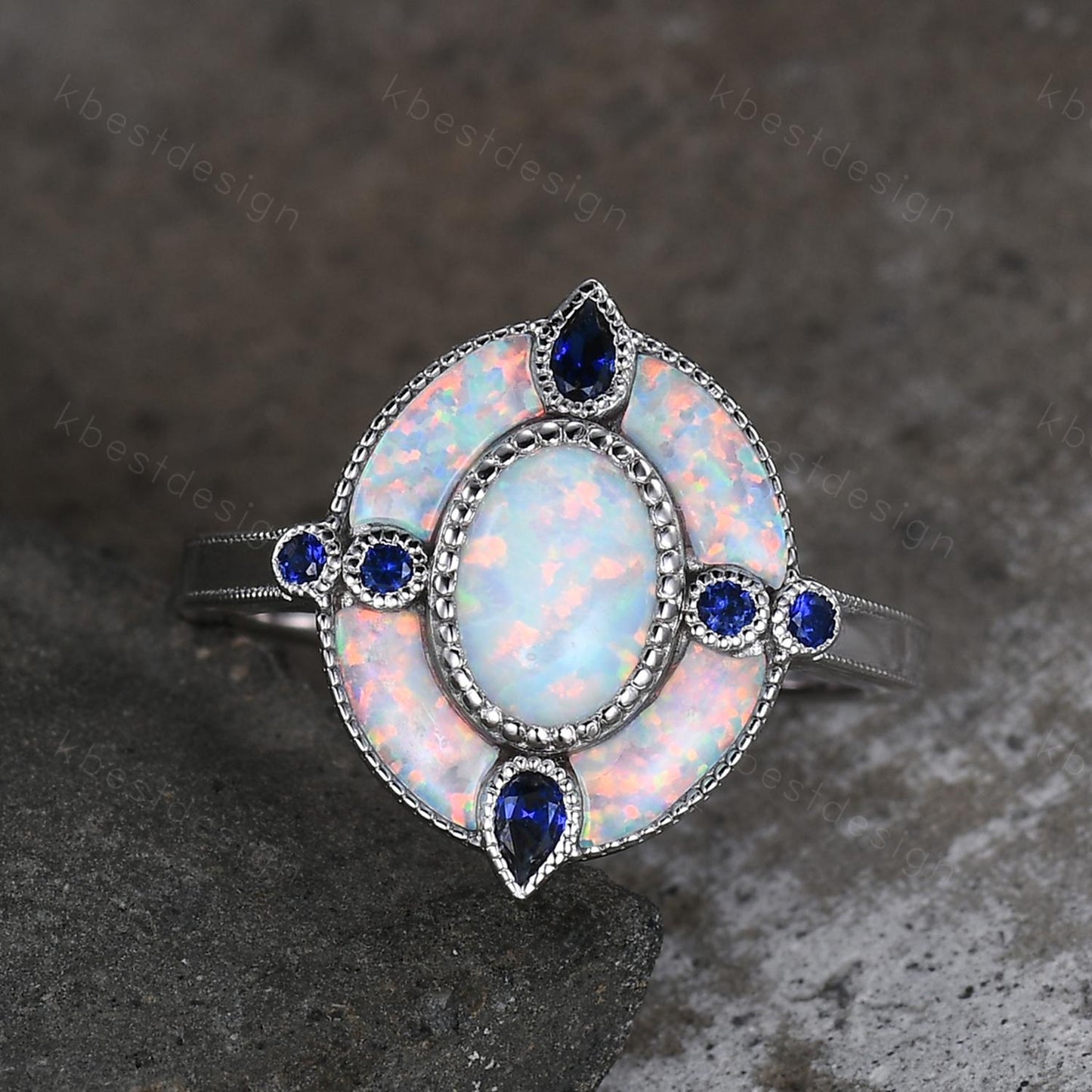Antique White Opal Engagement Ring Sterling Silver Opal Sapphire Halo Engagement Ring Vintage Cocktail Ring October Birthstone Ring Gift