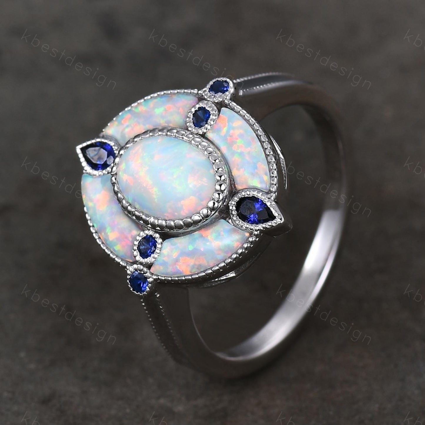 Antique White Opal Engagement Ring Sterling Silver Opal Sapphire Halo Engagement Ring Vintage Cocktail Ring October Birthstone Ring Gift