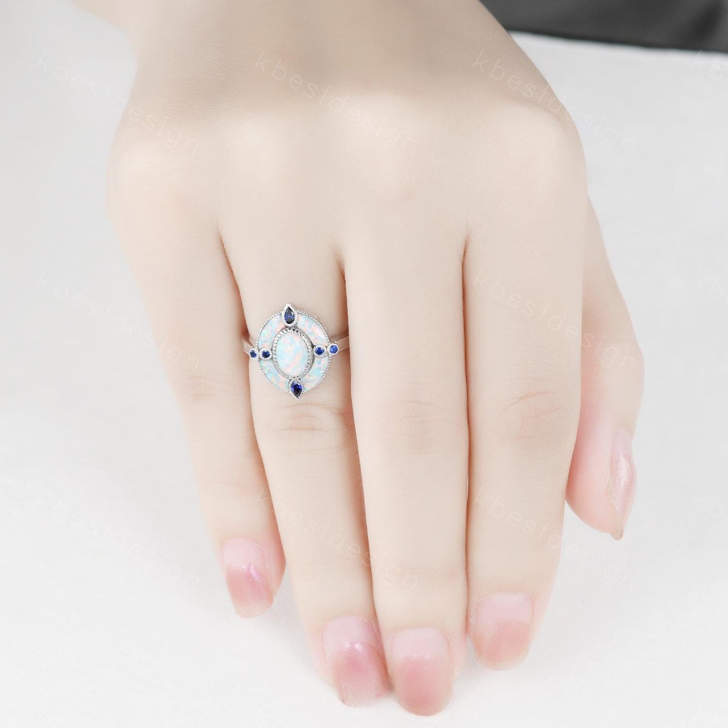 Antique White Opal Engagement Ring Sterling Silver Opal Sapphire Halo Engagement Ring Vintage Cocktail Ring October Birthstone Ring Gift