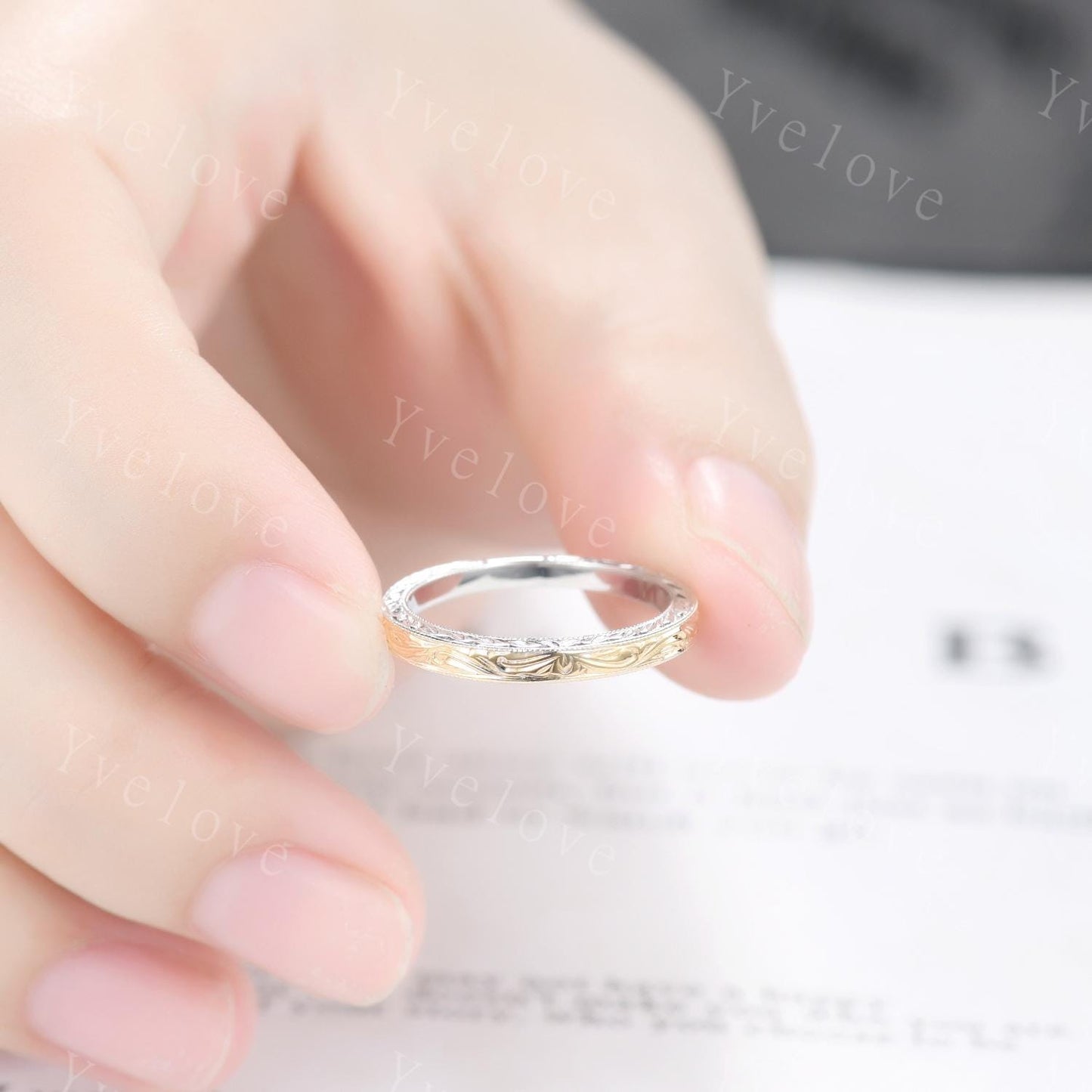 Unique Two tone band,yellow gold and white gold,14k Plain Gold Ring,Filigree Floral Design,Wedding Ring,Engagement Ring,Retro Vintage Ring
