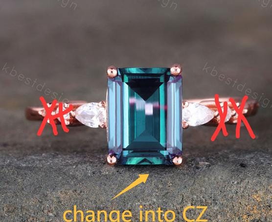 Custom order for Kaley Sauer, Redesign, emerald cut cz, side stone only pear cz, ring size #6, yellow gold plated on silver