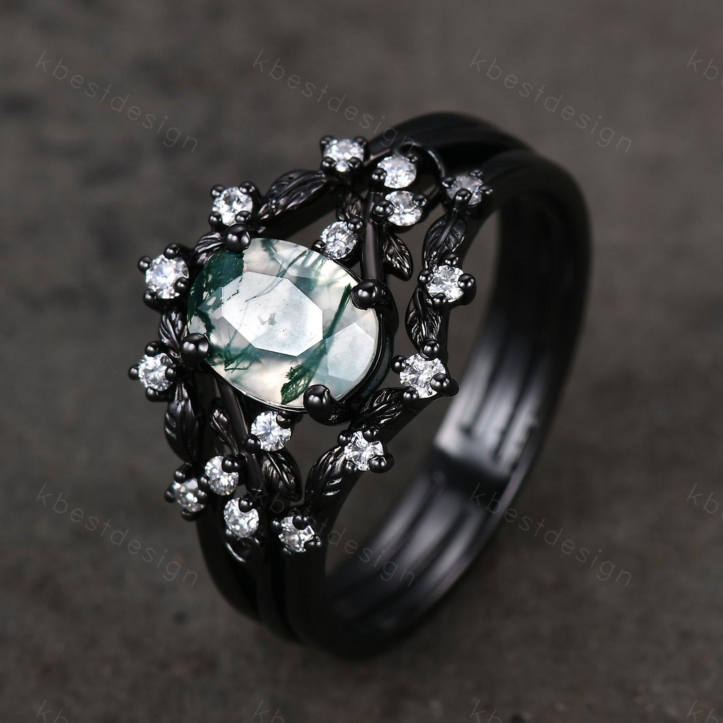 3PCS oval moss agate engagement ring set black gold twig leaf moissanite ring nature branch ring unique art deco bridal wedding ring set