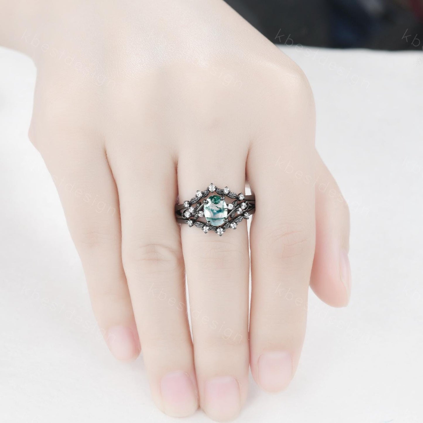 3PCS oval moss agate engagement ring set black gold twig leaf moissanite ring nature branch ring unique art deco bridal wedding ring set