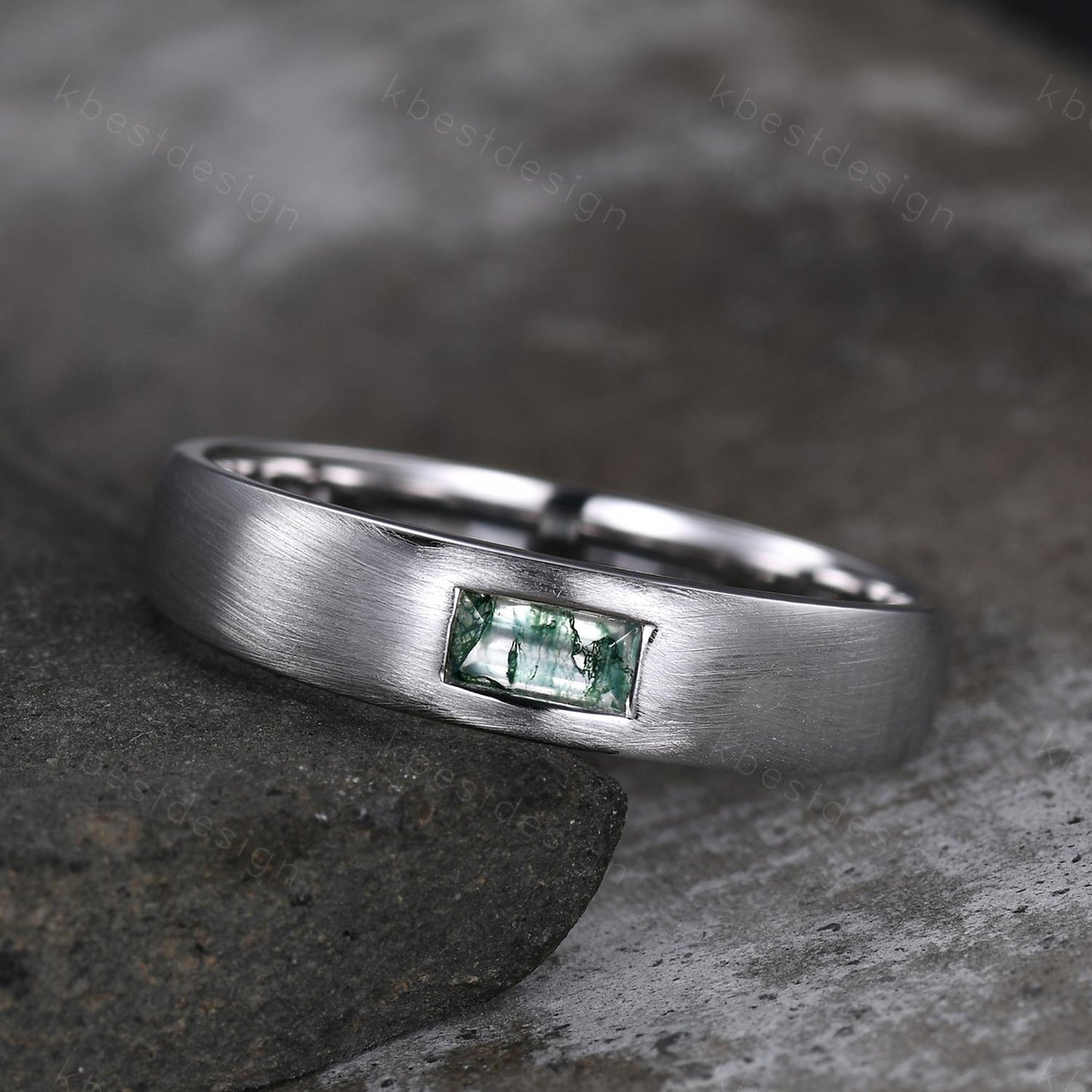 Mens Moss agate Wedding Band Baguette Cut Green Agate Band 5mm White Gold Men's Stacking Matching Band Brush Finished Band Gift for Him