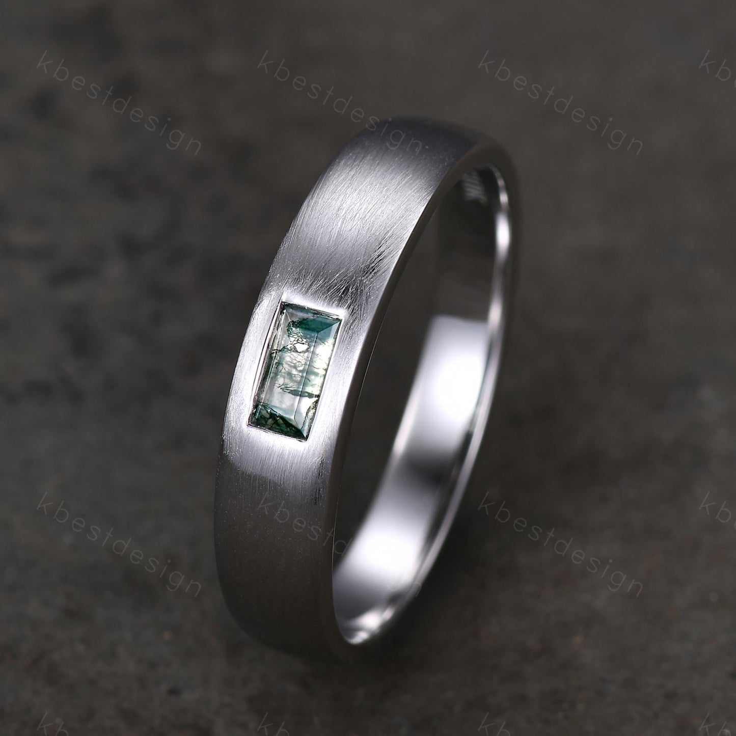Mens Moss agate Wedding Band Baguette Cut Green Agate Band 5mm White Gold Men's Stacking Matching Band Brush Finished Band Gift for Him