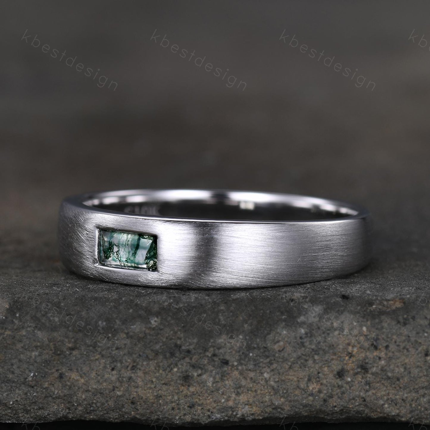 Mens Moss agate Wedding Band Baguette Cut Green Agate Band 5mm White Gold Men's Stacking Matching Band Brush Finished Band Gift for Him