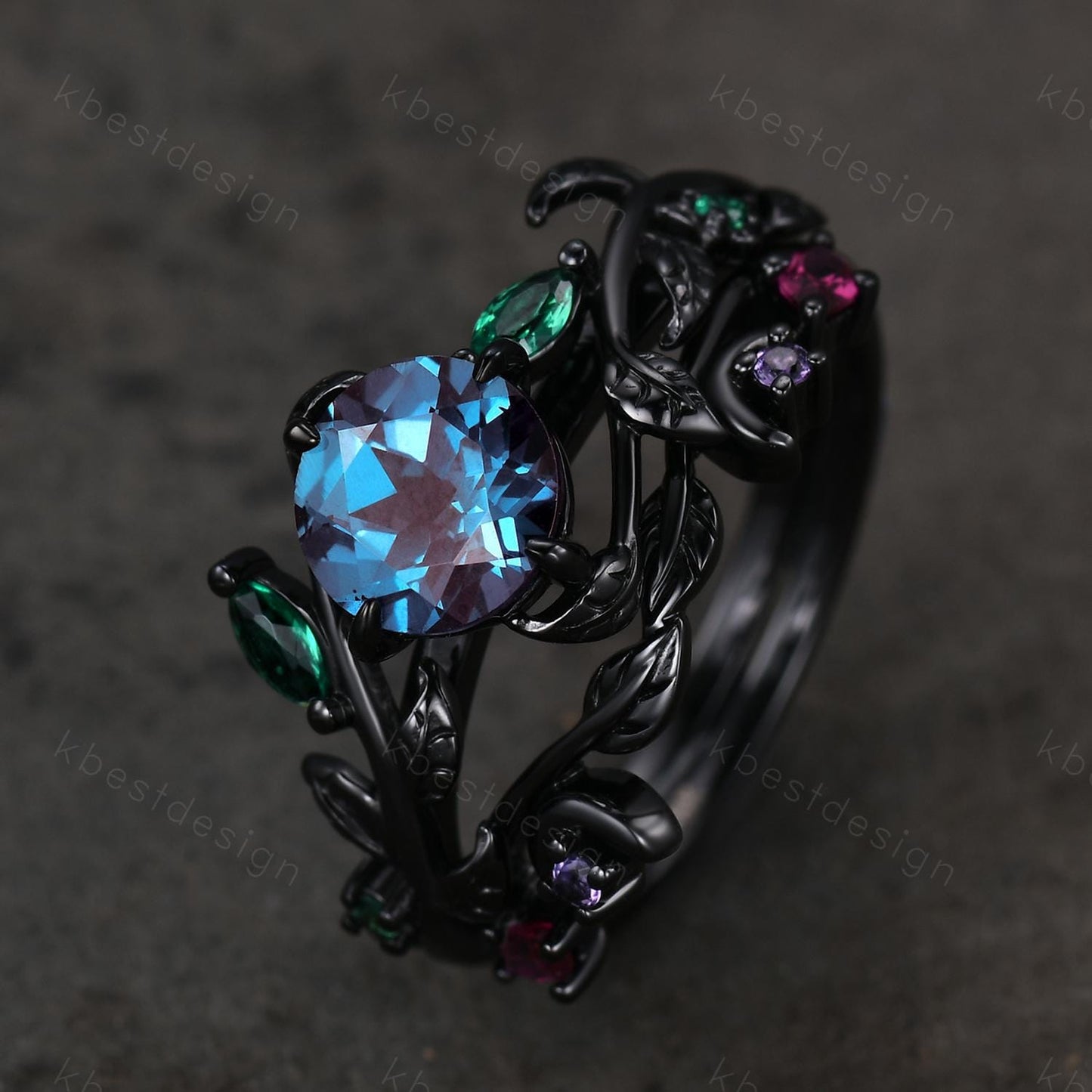 Vintage round cut alexandrite engagement ring black gold art deco cluster leaf wedding ring set multi stone ring bridal promise ring for her