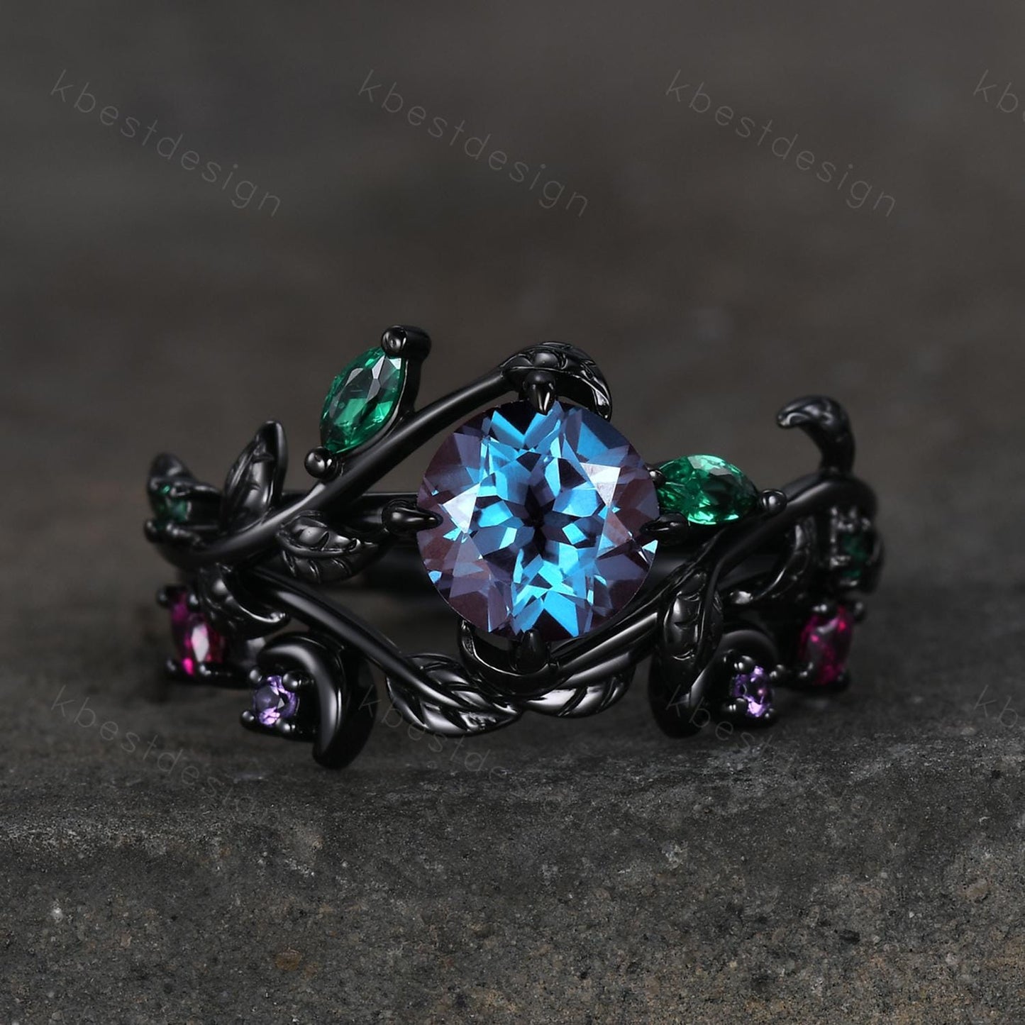 Vintage round cut alexandrite engagement ring black gold art deco cluster leaf wedding ring set multi stone ring bridal promise ring for her
