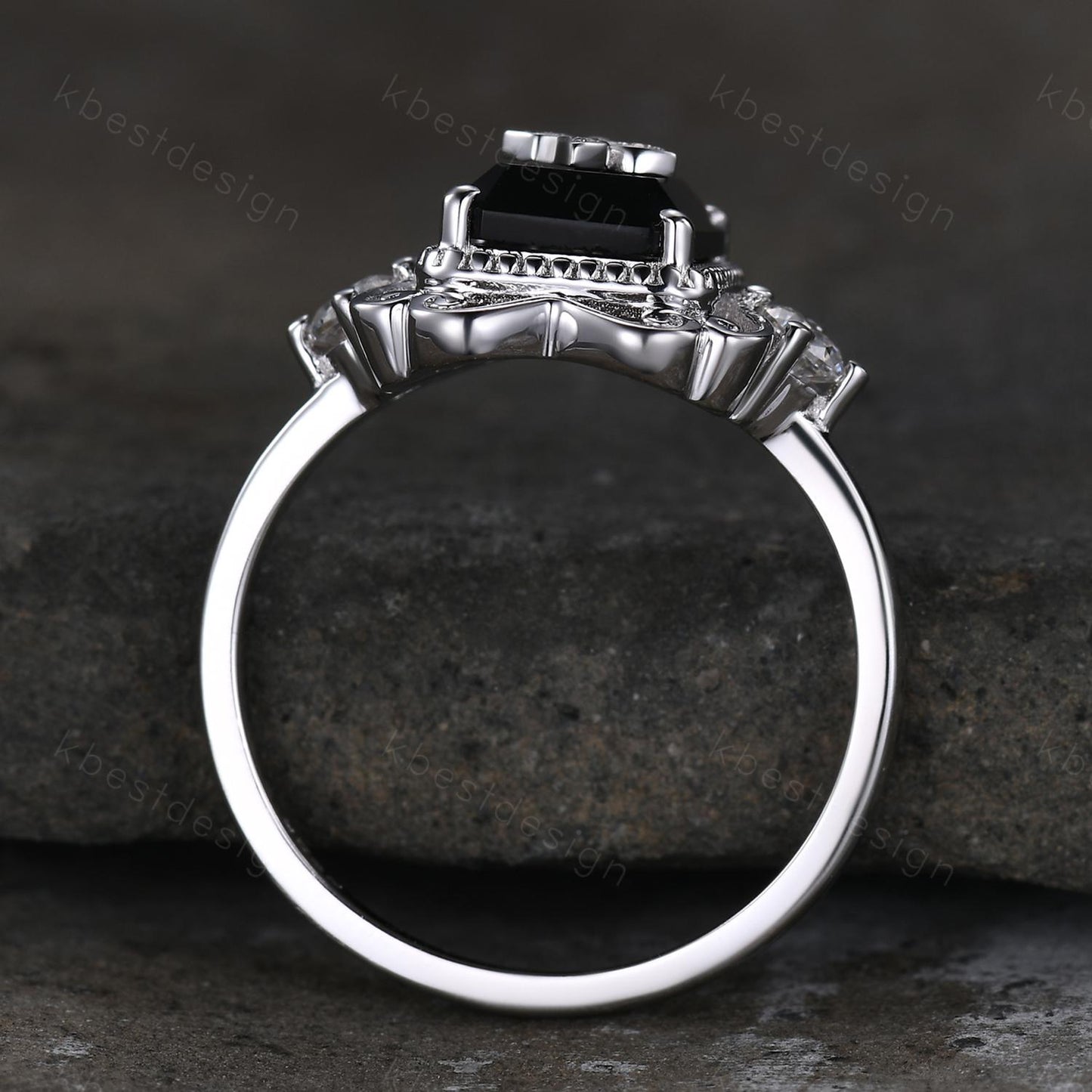 Antique black onyx engagement ring 7x9mm emerald cut gemstone statement ring sterling silver ring for women vintage bridal promise ring