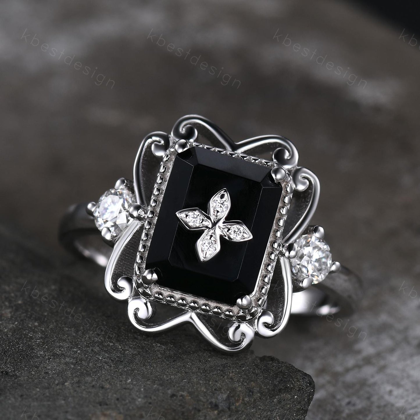 Antique black onyx engagement ring 7x9mm emerald cut gemstone statement ring sterling silver ring for women vintage bridal promise ring