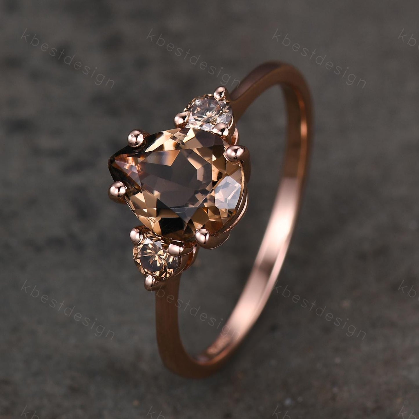 Pear shaped smoky quartz Engagement Ring Rose Gold three stone engagement ring Vintage champagne Diamond Wedding ring Bridal promise ring