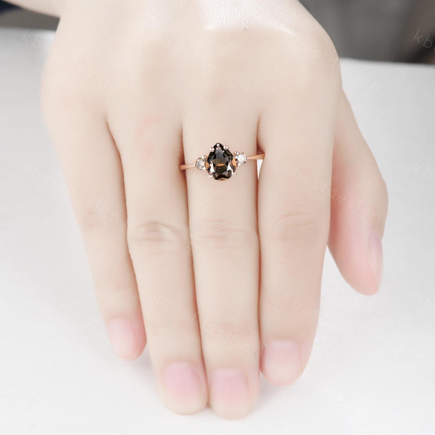 Pear shaped smoky quartz Engagement Ring Rose Gold three stone engagement ring Vintage champagne Diamond Wedding ring Bridal promise ring