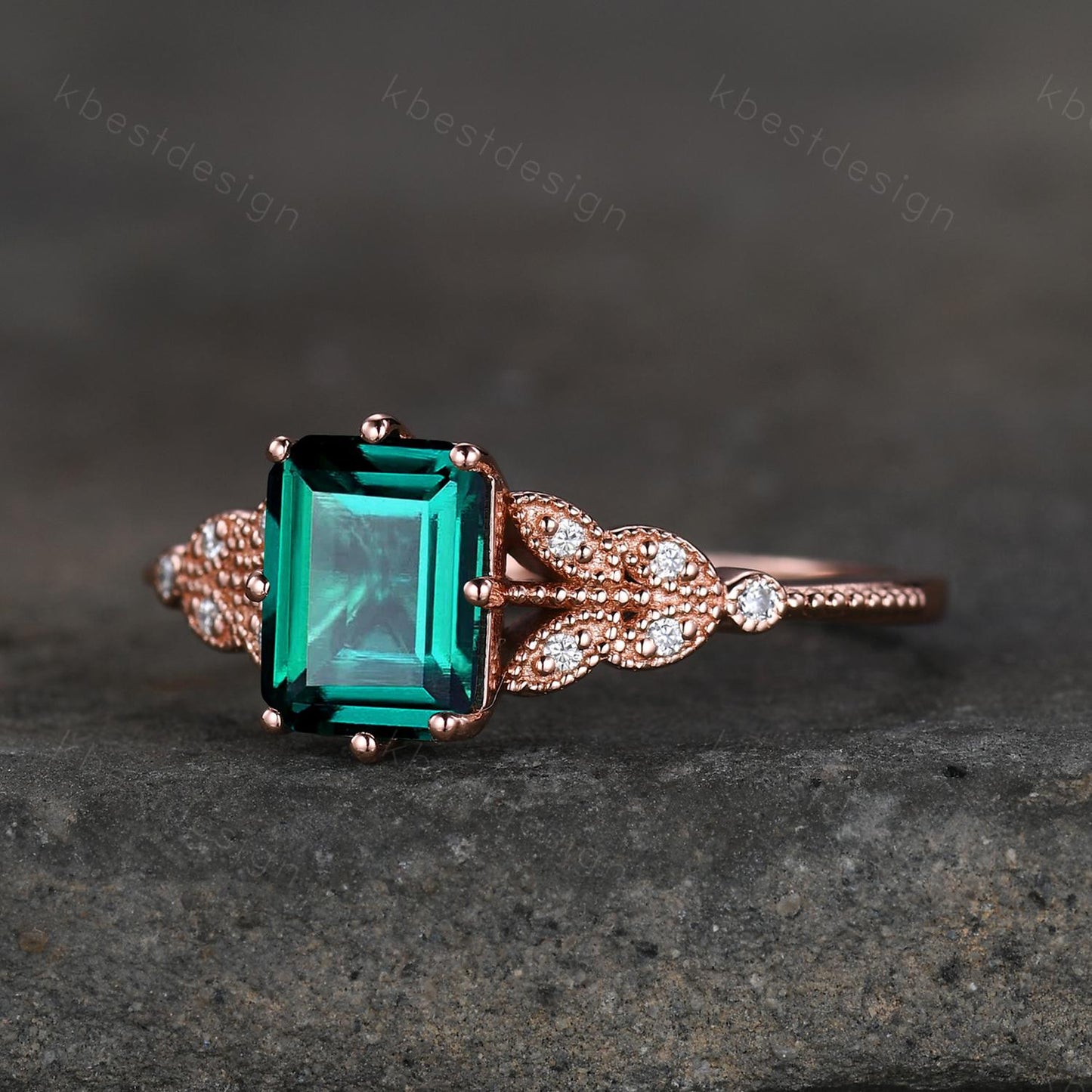 Emerald cut green emerald engagement ring rose gold art deco moissanite wedding ring butterfly style ring Emerald bridal promise ring