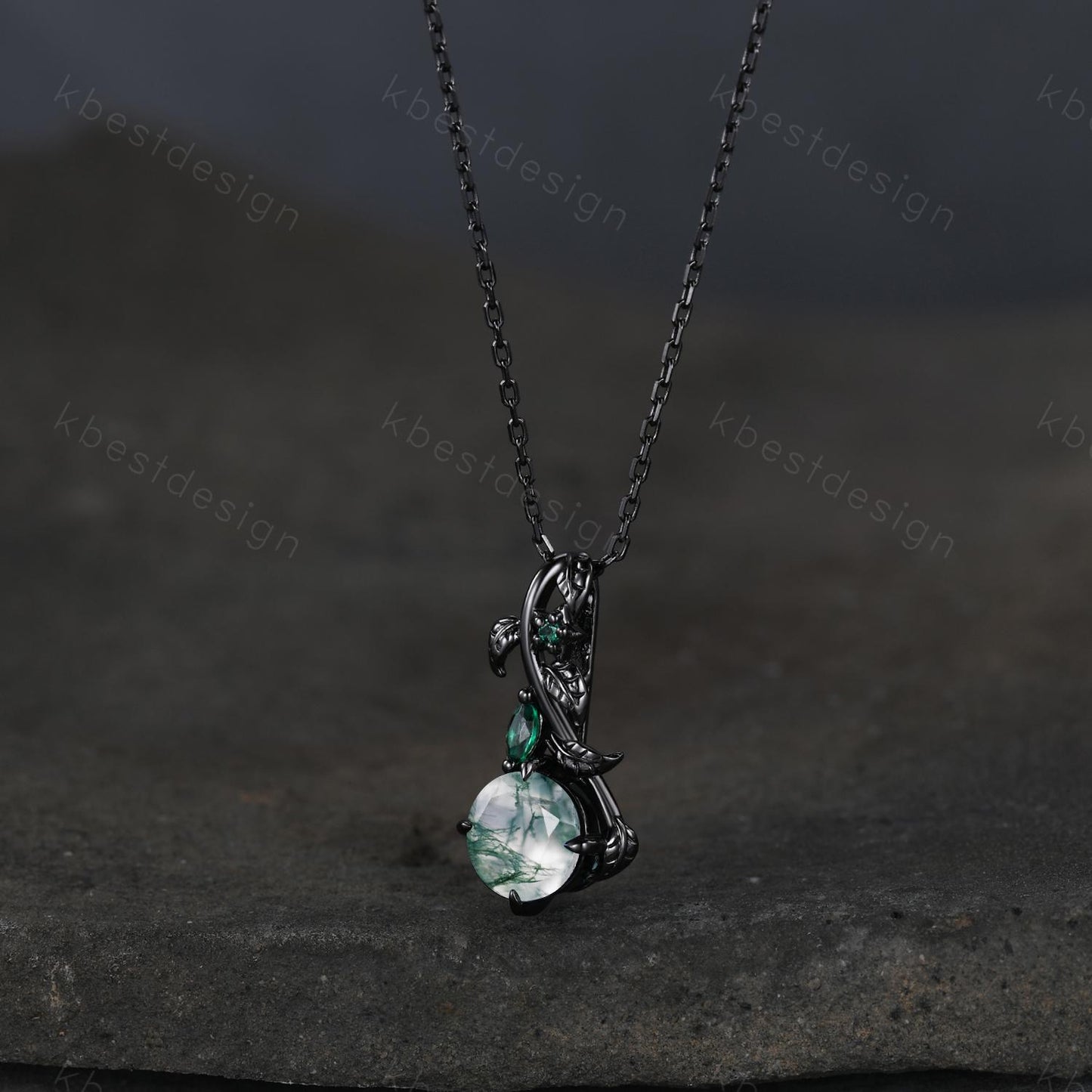 Gothic moss agate necklace women black gold pendant necklace round cut pendant art deco emerald leaf necklace anniversary gift for her