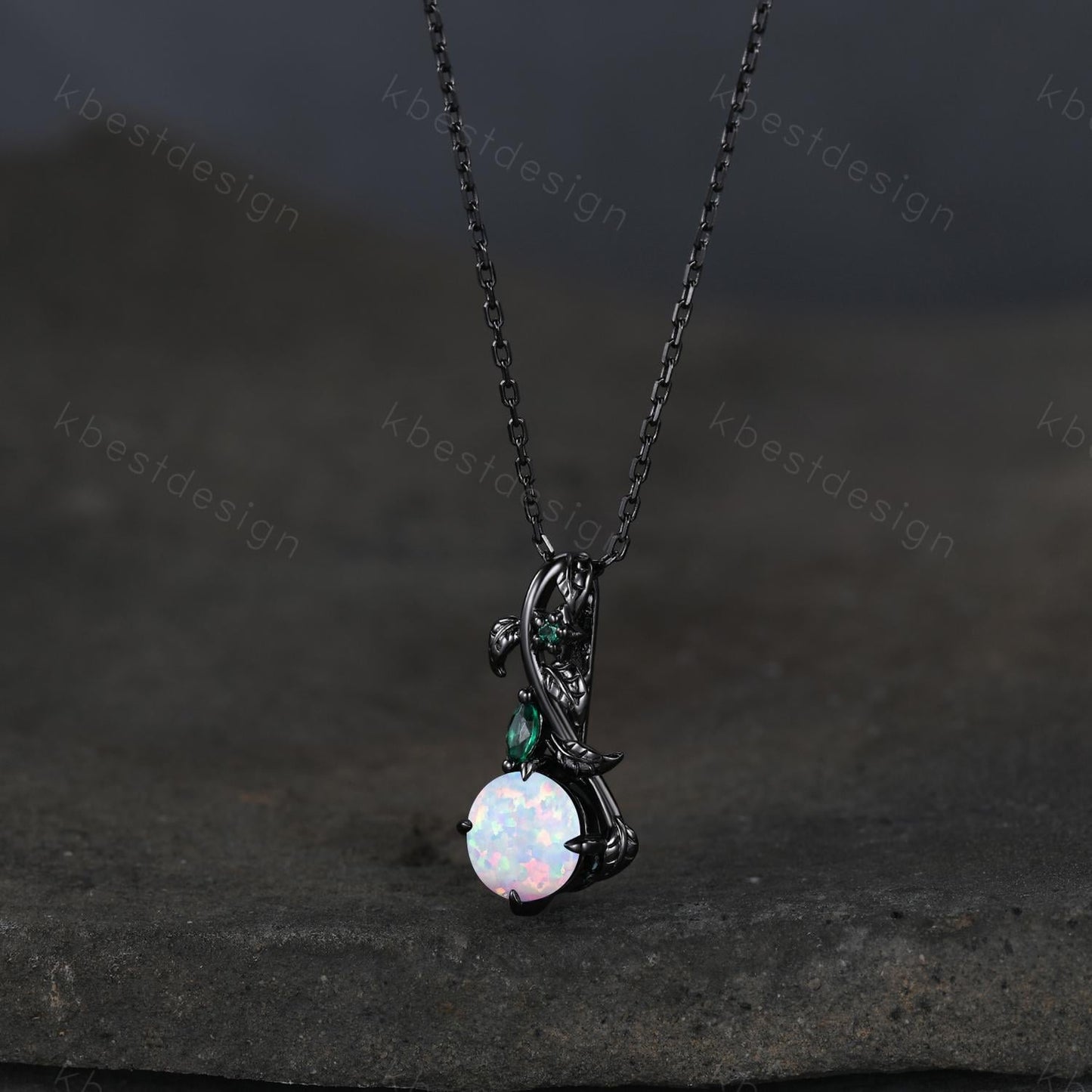 Round cut white opal necklace women black gold pendant necklace unique gothic pendant art deco emerald leaf necklace anniversary gift