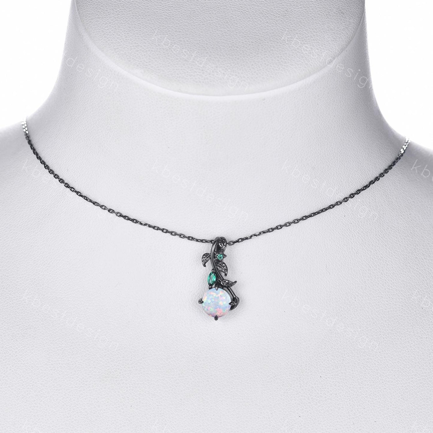 Round cut white opal necklace women black gold pendant necklace unique gothic pendant art deco emerald leaf necklace anniversary gift
