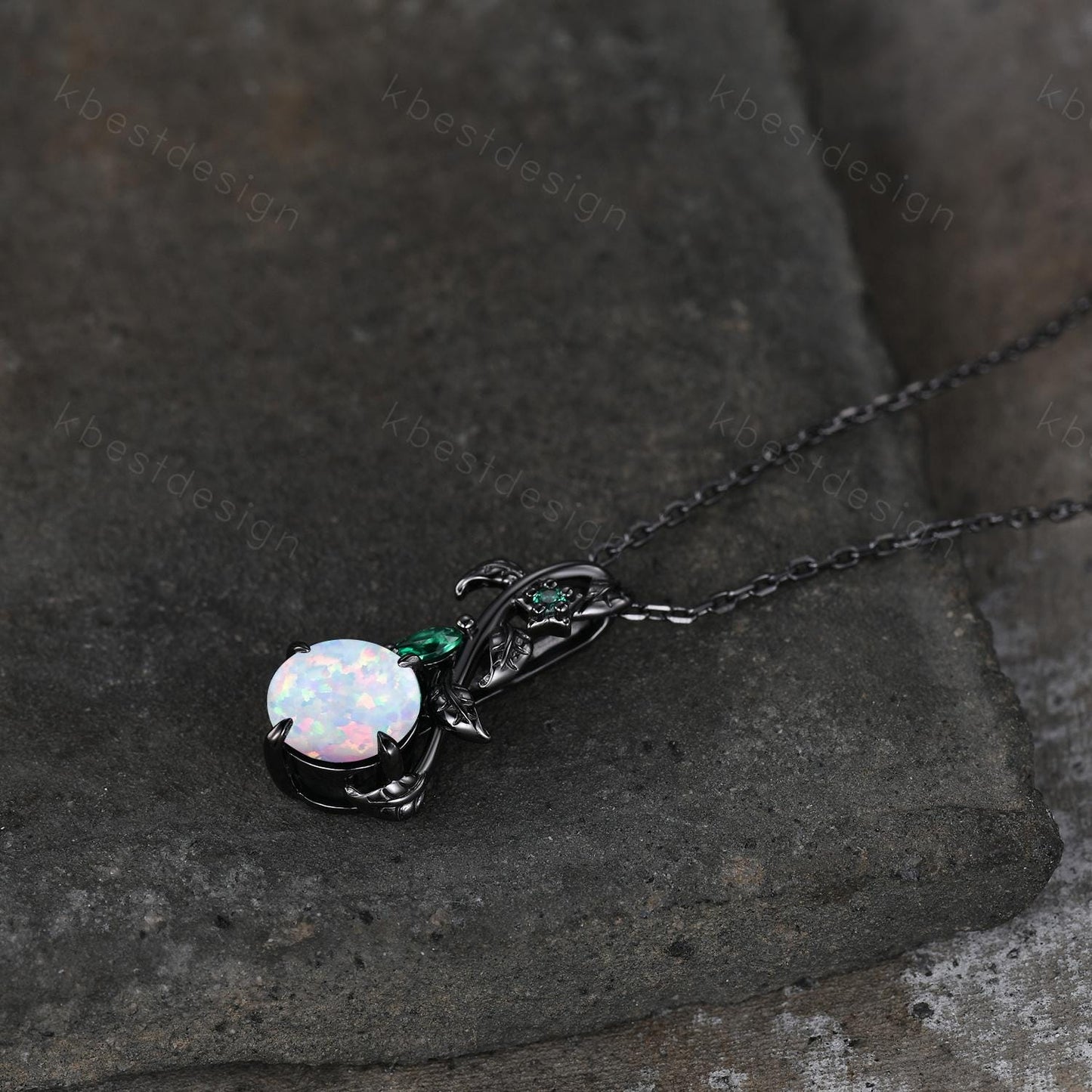 Round cut white opal necklace women black gold pendant necklace unique gothic pendant art deco emerald leaf necklace anniversary gift