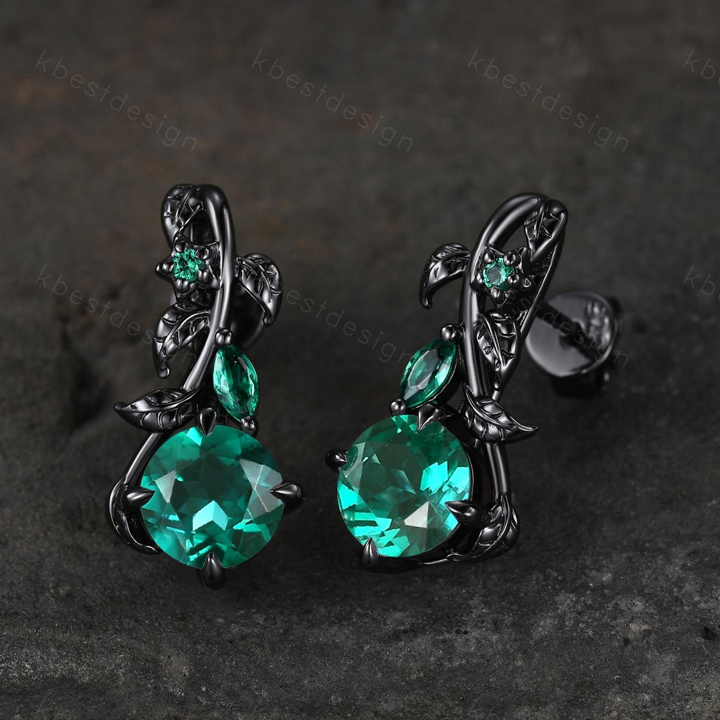Nature inspired Emerald earrings women black gold earring studs leaf style unique earrings art deco studs anniversary gift for her