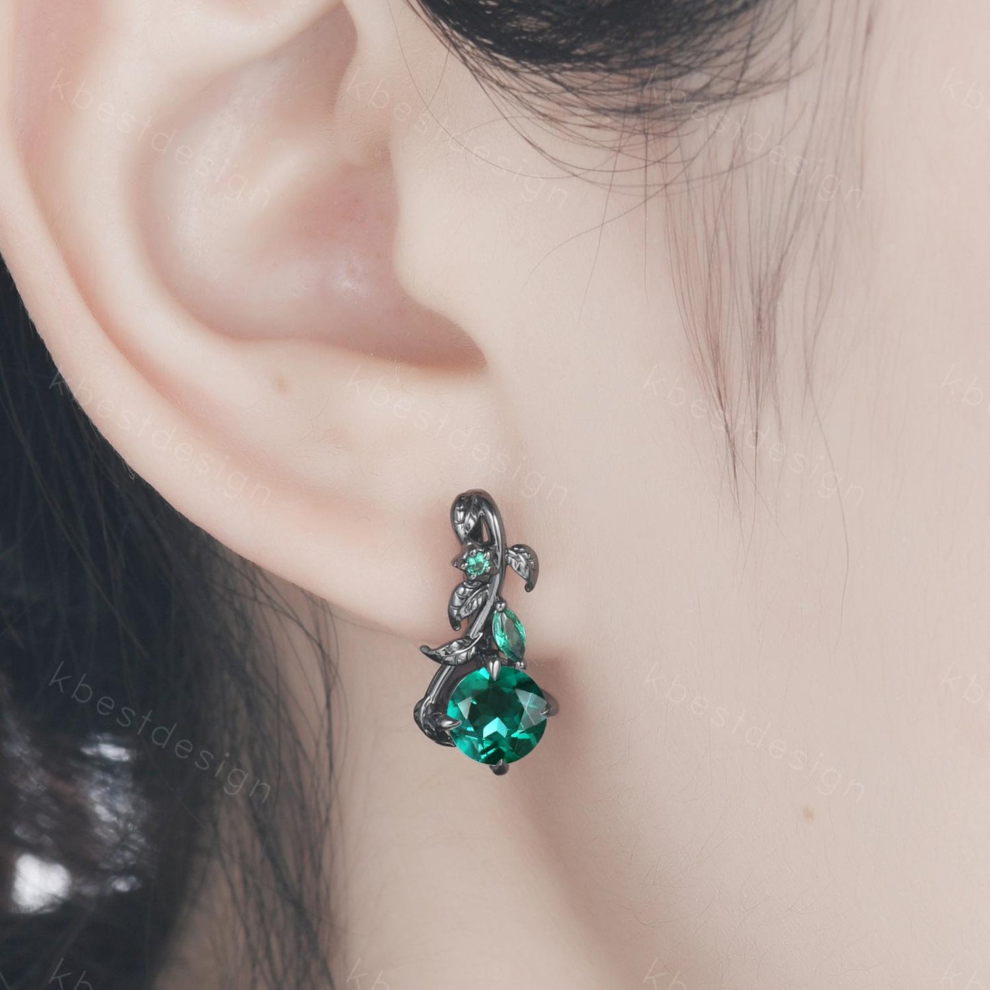 Nature inspired Emerald earrings women black gold earring studs leaf style unique earrings art deco studs anniversary gift for her