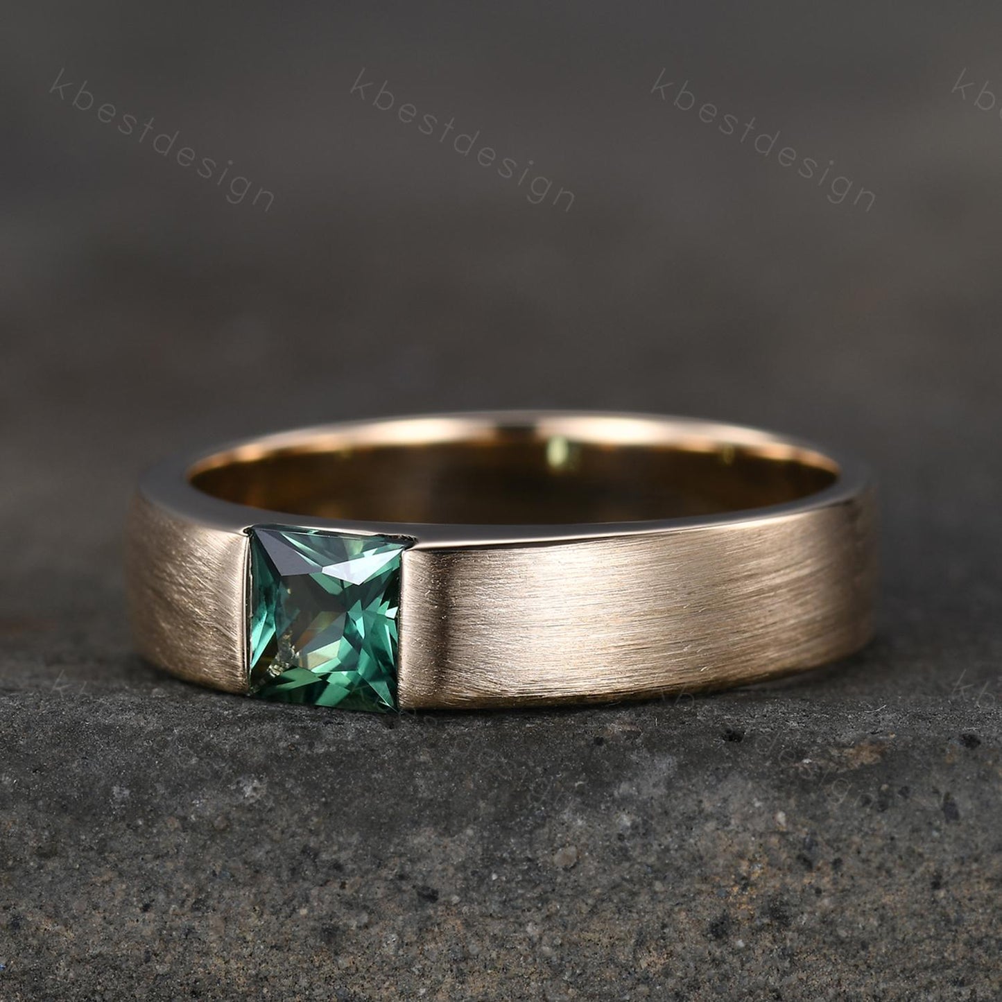 Mens Green Sapphire Wedding Band 14K Solid Gold Ring Princess Cut Teal Sapphire Mens Wedding Band Brush Finished Ring His Wedding Band