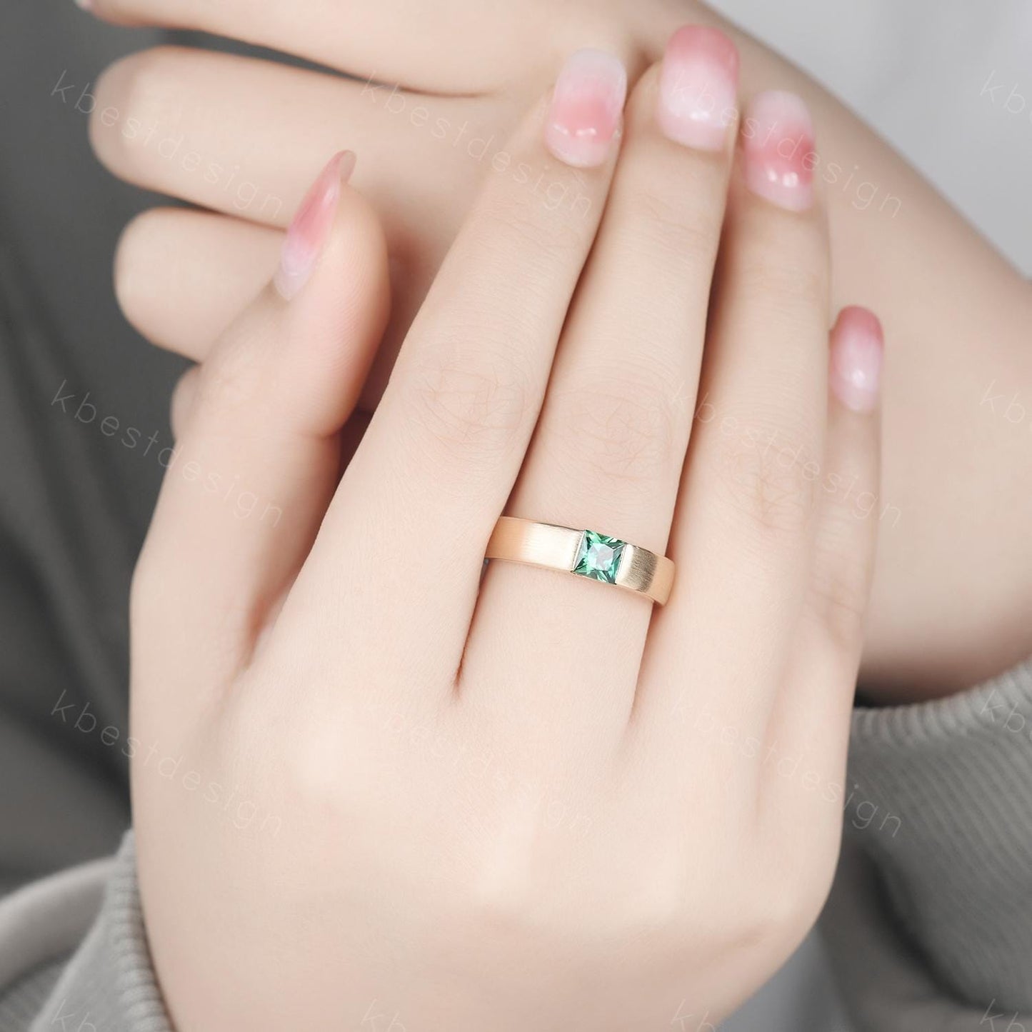 Mens Green Sapphire Wedding Band 14K Solid Gold Ring Princess Cut Teal Sapphire Mens Wedding Band Brush Finished Ring His Wedding Band