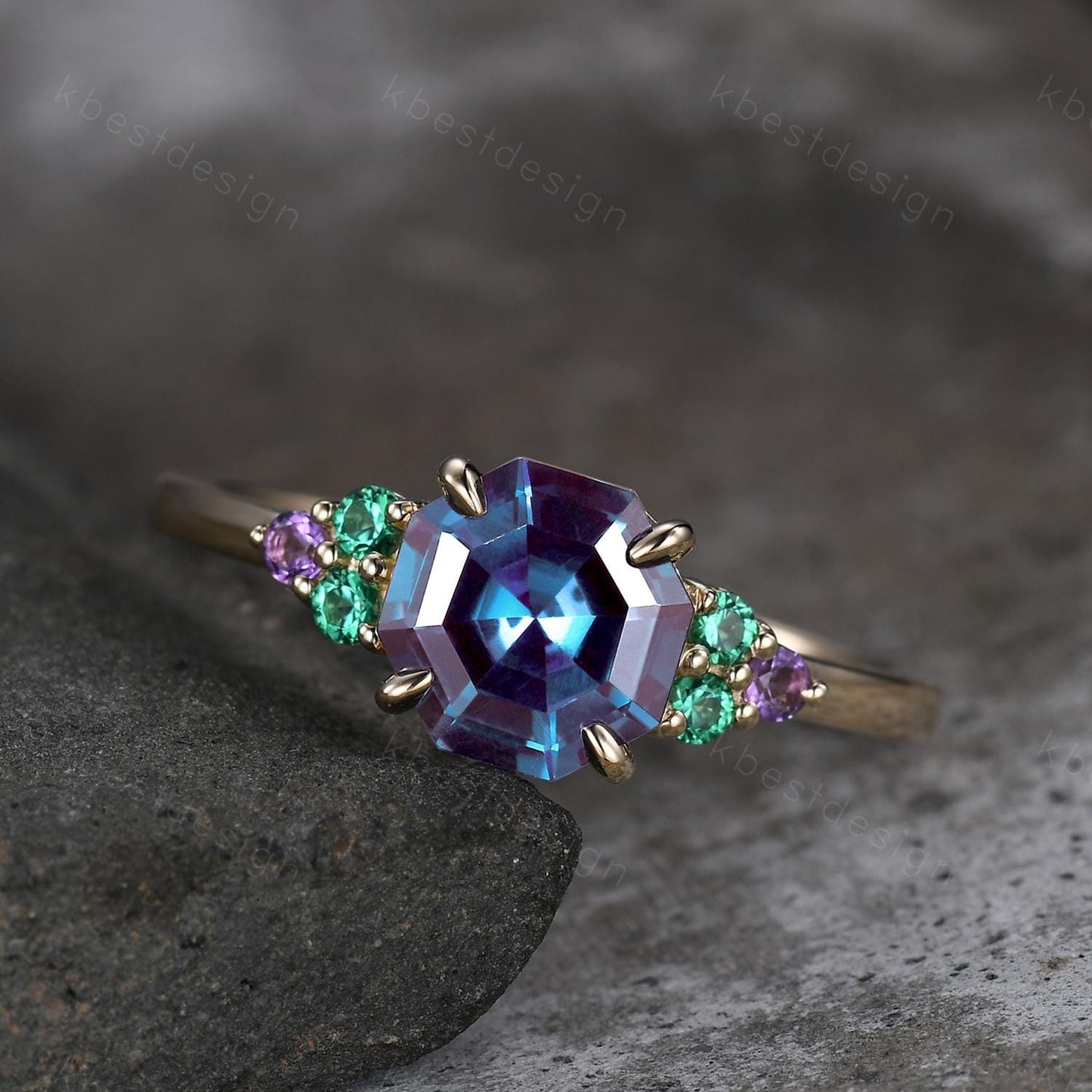 Vintage octagon cut Alexandrite engagement ring solid 14k gold ring emerald cluster ring unique wedding ring women anniversary ring gift