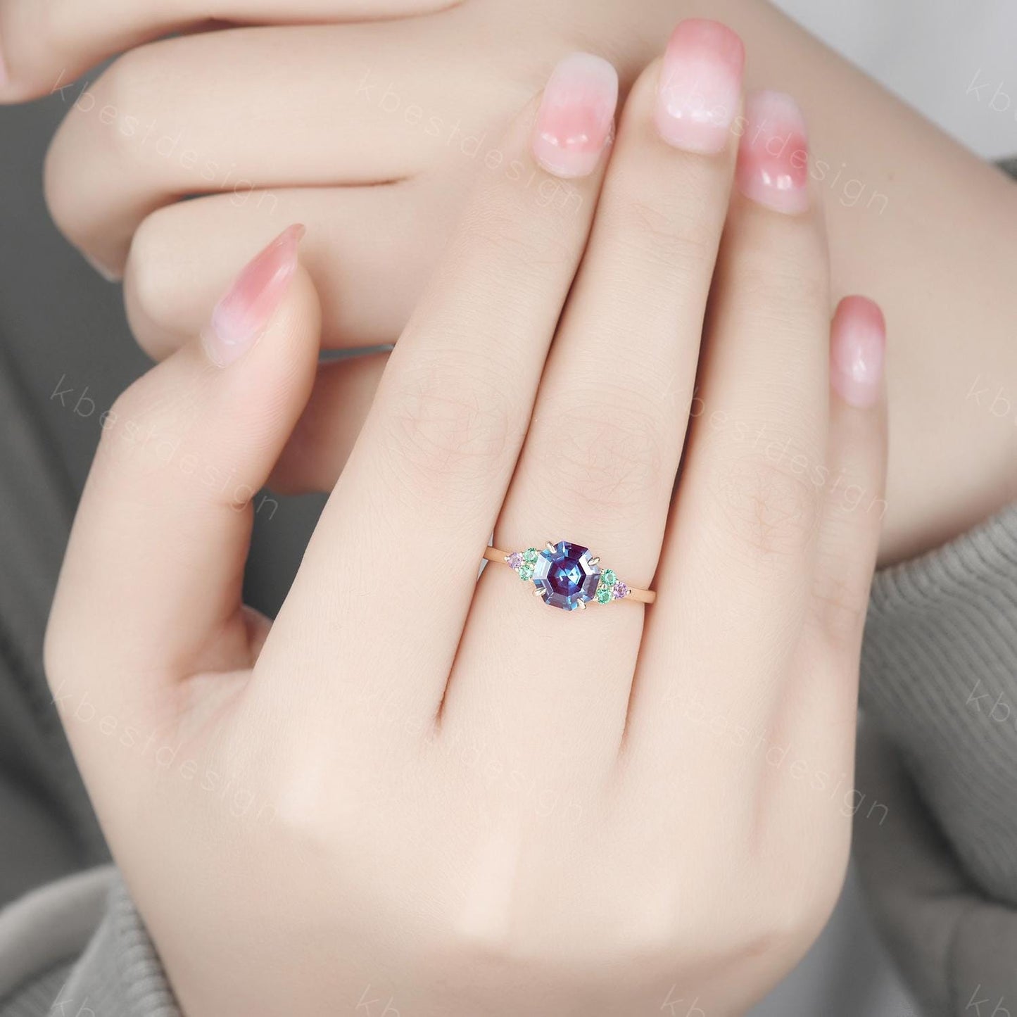 Vintage octagon cut Alexandrite engagement ring solid 14k gold ring emerald cluster ring unique wedding ring women anniversary ring gift