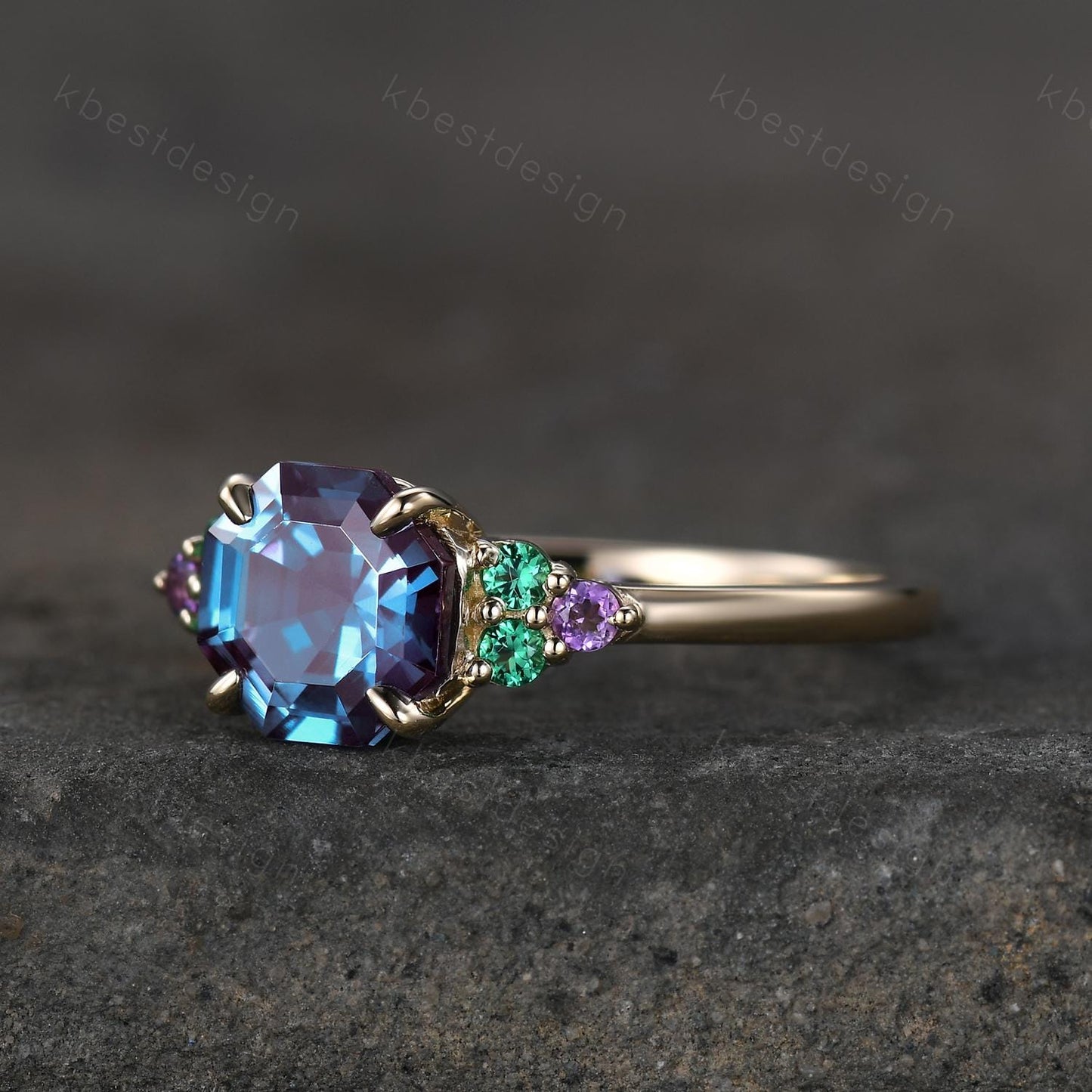 Vintage octagon cut Alexandrite engagement ring solid 14k gold ring emerald cluster ring unique wedding ring women anniversary ring gift
