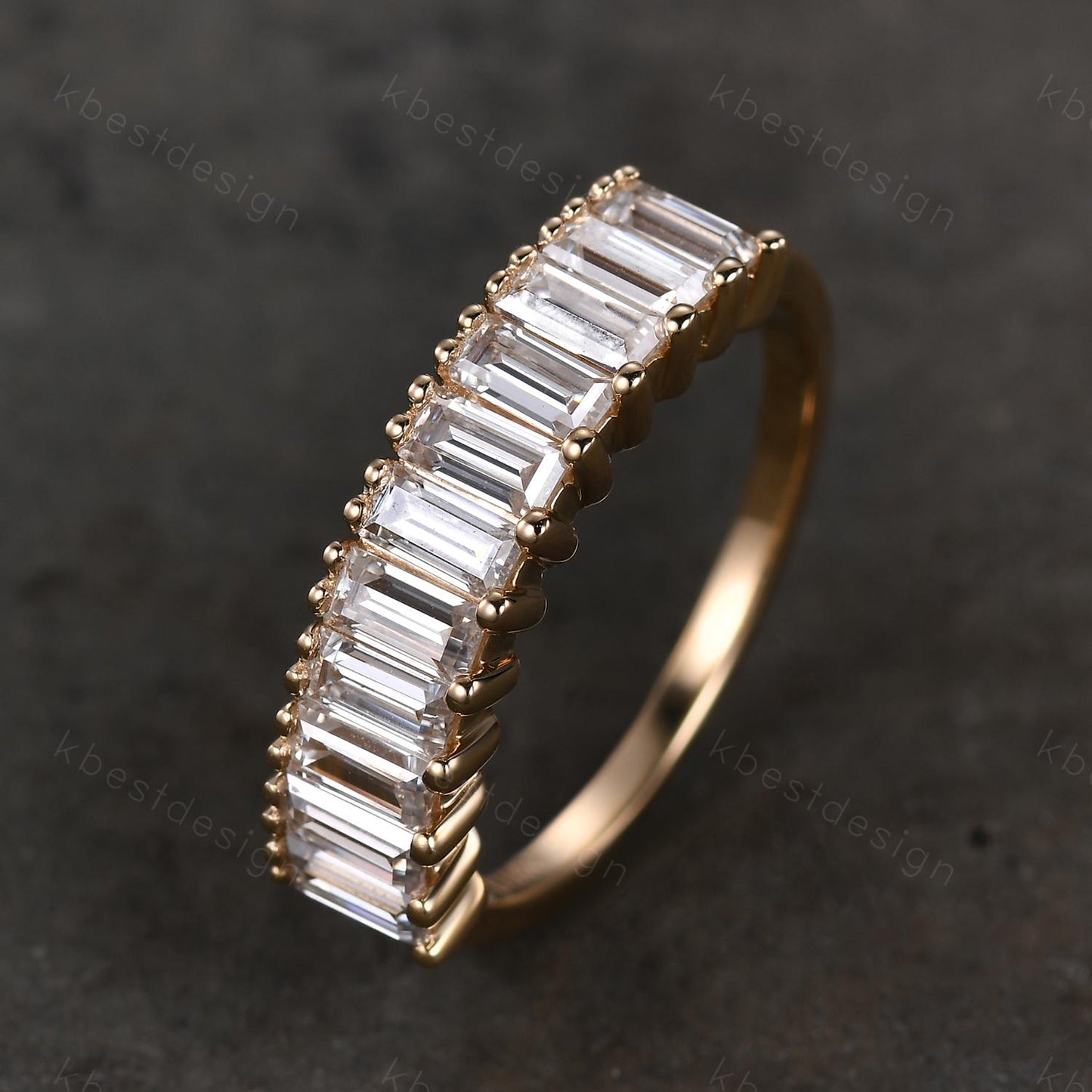 Baguette cut Moissanite wedding band women Vintage Half eternity band Yellow gold wedding band Unique Stacking Matching bridal promise ring