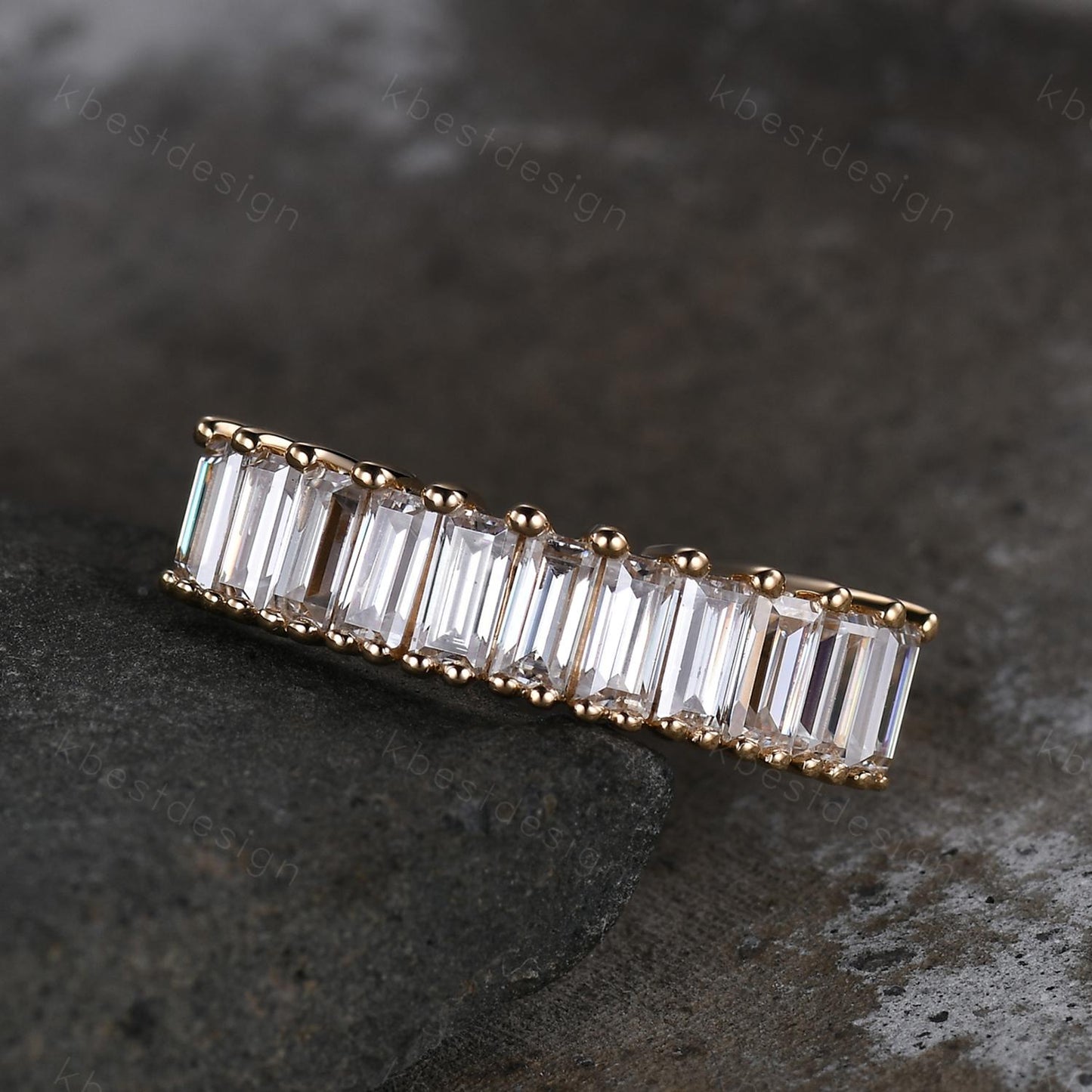 Baguette cut Moissanite wedding band women Vintage Half eternity band Yellow gold wedding band Unique Stacking Matching bridal promise ring