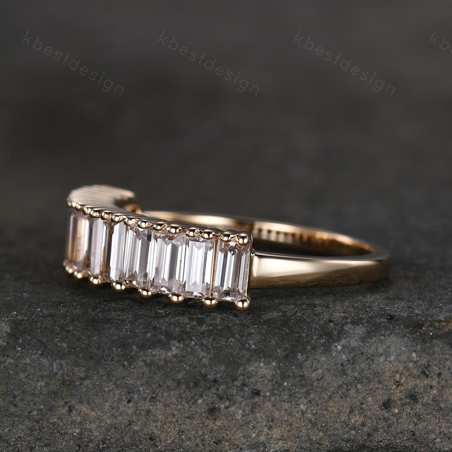 Baguette cut Moissanite wedding band women Vintage Half eternity band Yellow gold wedding band Unique Stacking Matching bridal promise ring