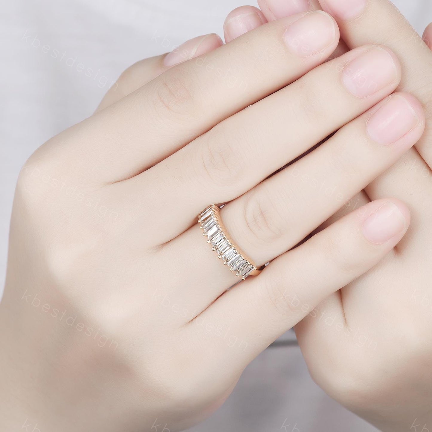 Baguette cut Moissanite wedding band women Vintage Half eternity band Yellow gold wedding band Unique Stacking Matching bridal promise ring