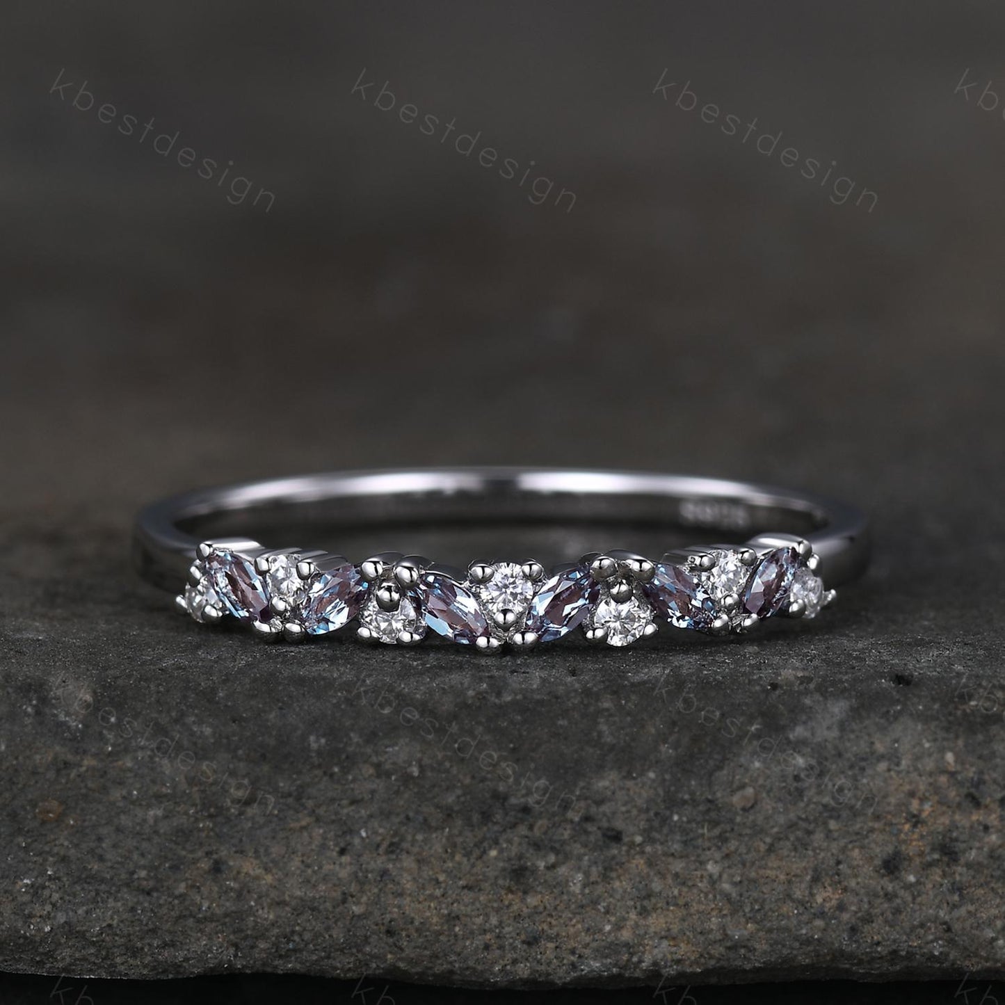 Alexandrite cluster wedding band Unique marquise cut wedding band Vintage Moissanite ring Platinum white gold ring Anniversary gift for her