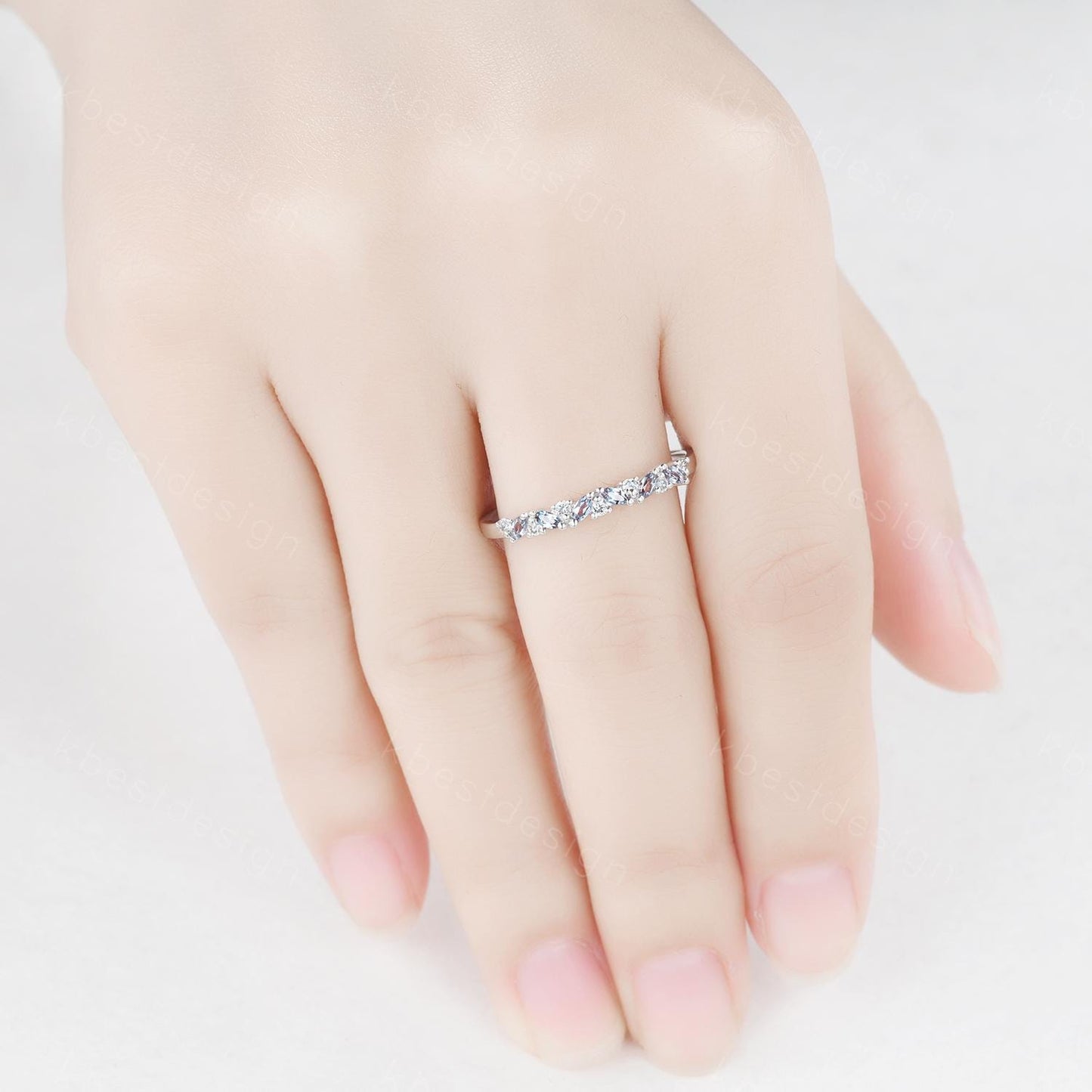 Alexandrite cluster wedding band Unique marquise cut wedding band Vintage Moissanite ring Platinum white gold ring Anniversary gift for her