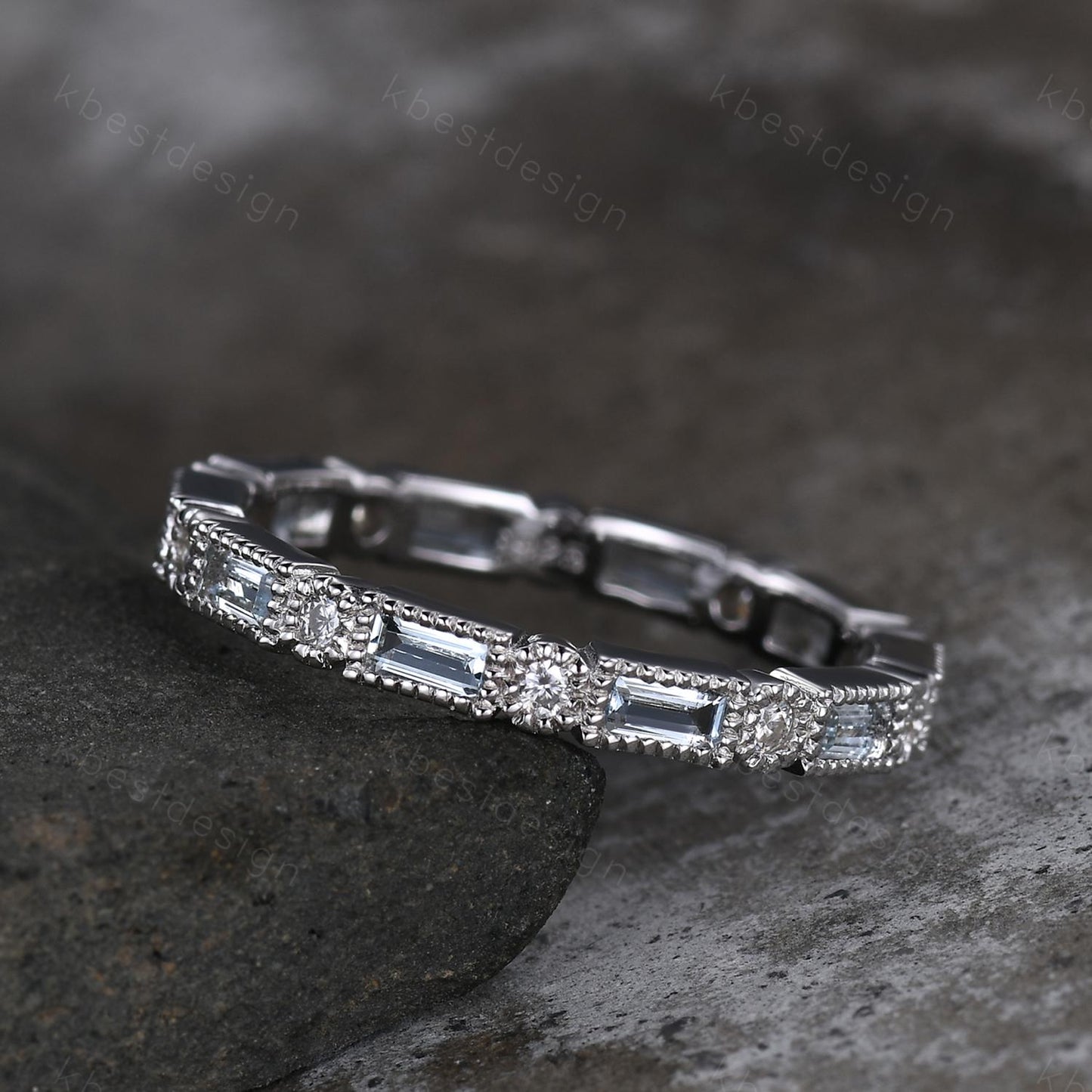 Unique Aquamarine Wedding Band, Baguette Aquamarine Wedding Band, March Birthstone Ring, Art deco Wedding Ring, Anniversary Ring Gift