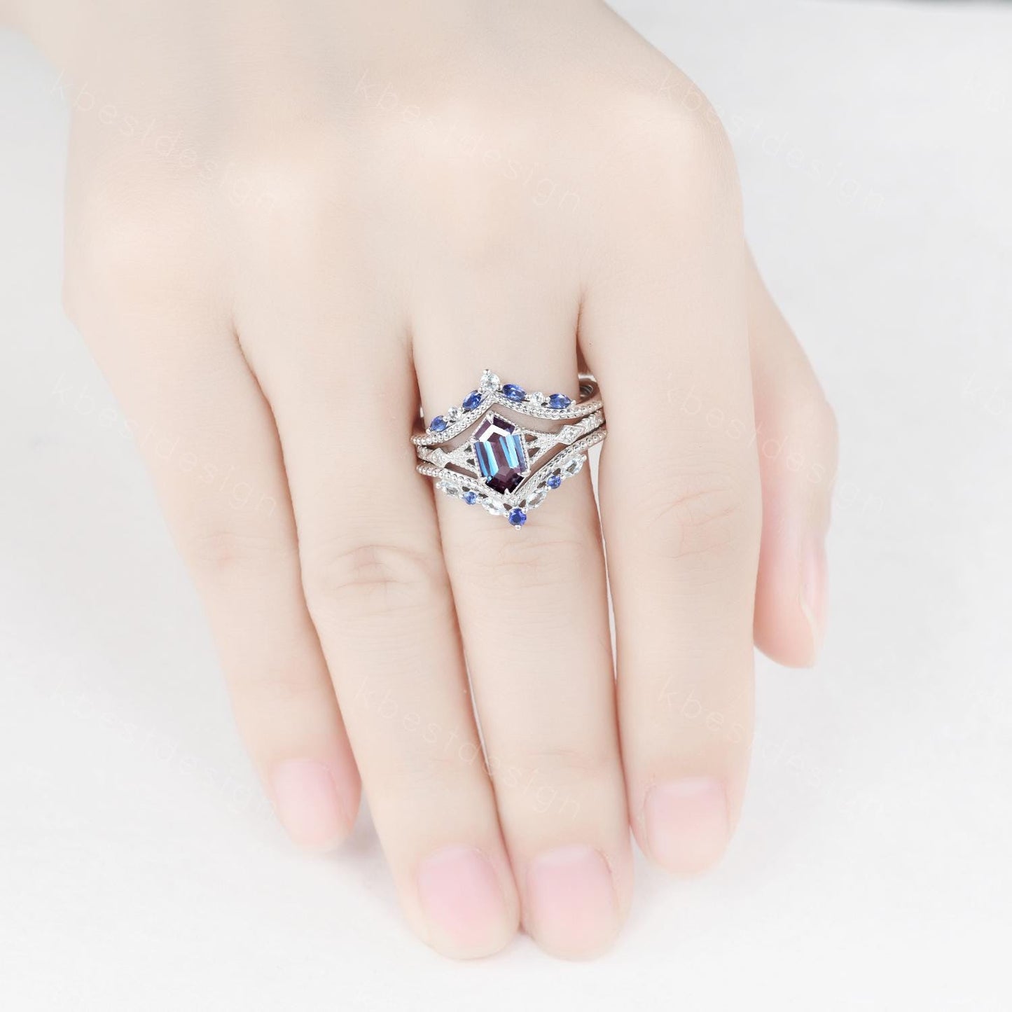 Vintage Alexandrite engagement ring Set Unique art deco milgrain bridal ring Double curved Blue Sapphire wedding band Promise Ring set