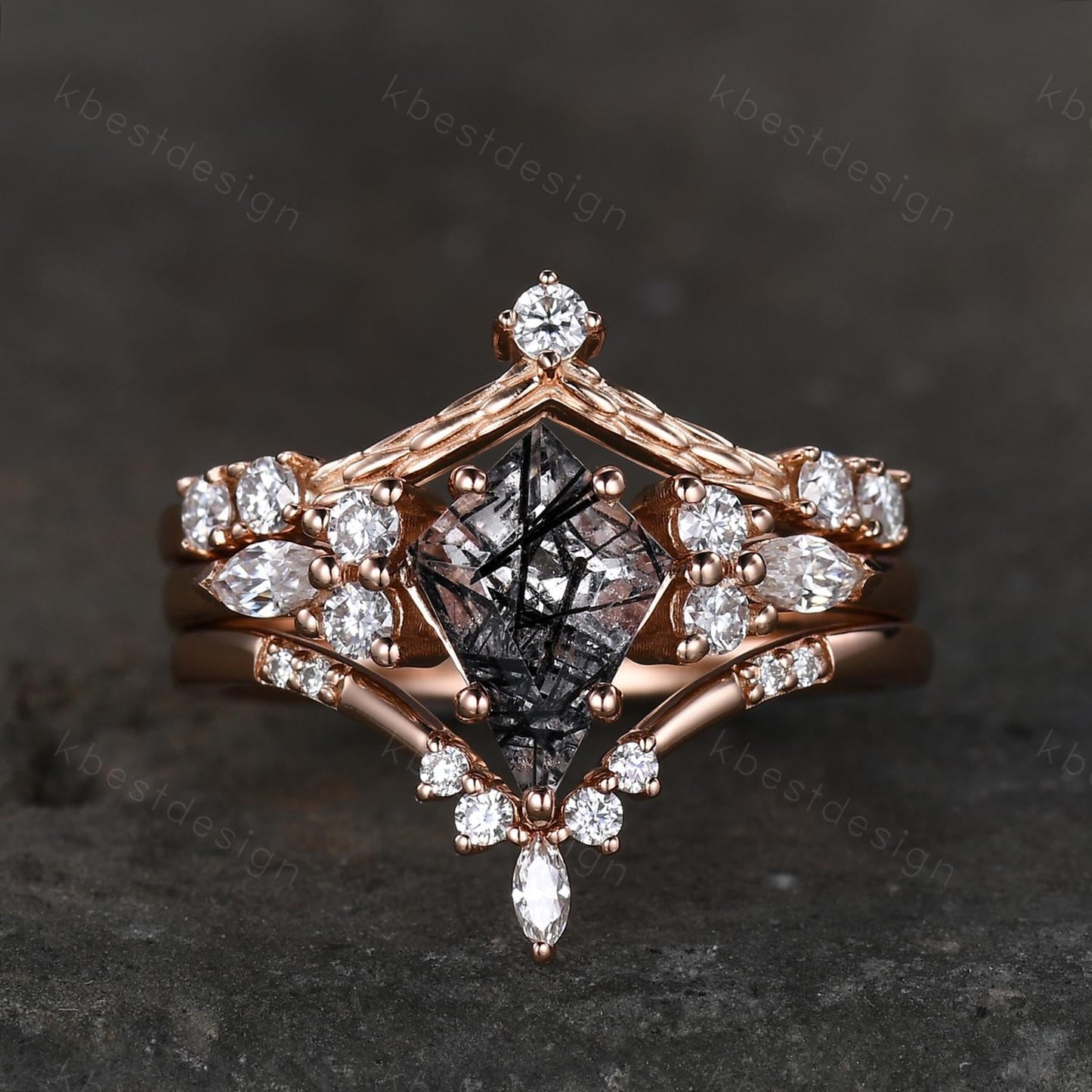 3PCS Vintage black rutilated quartz engagement ring rose gold ring art deco curved bands kite cut bridal set unique moissanite wedding set