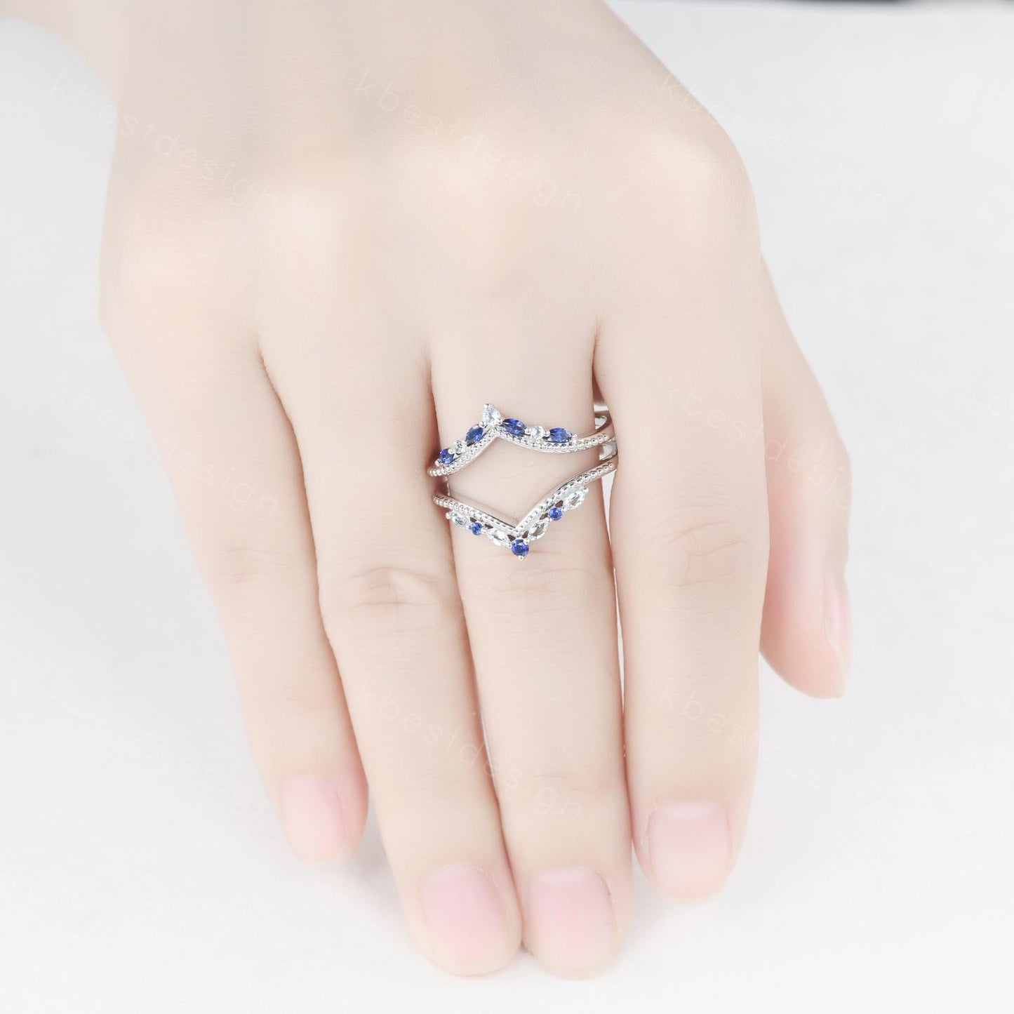 Unique curved Blue Sapphire wedding band art deco double curved aquamarine stacking band vintage marquise enhancer bridal promise ring