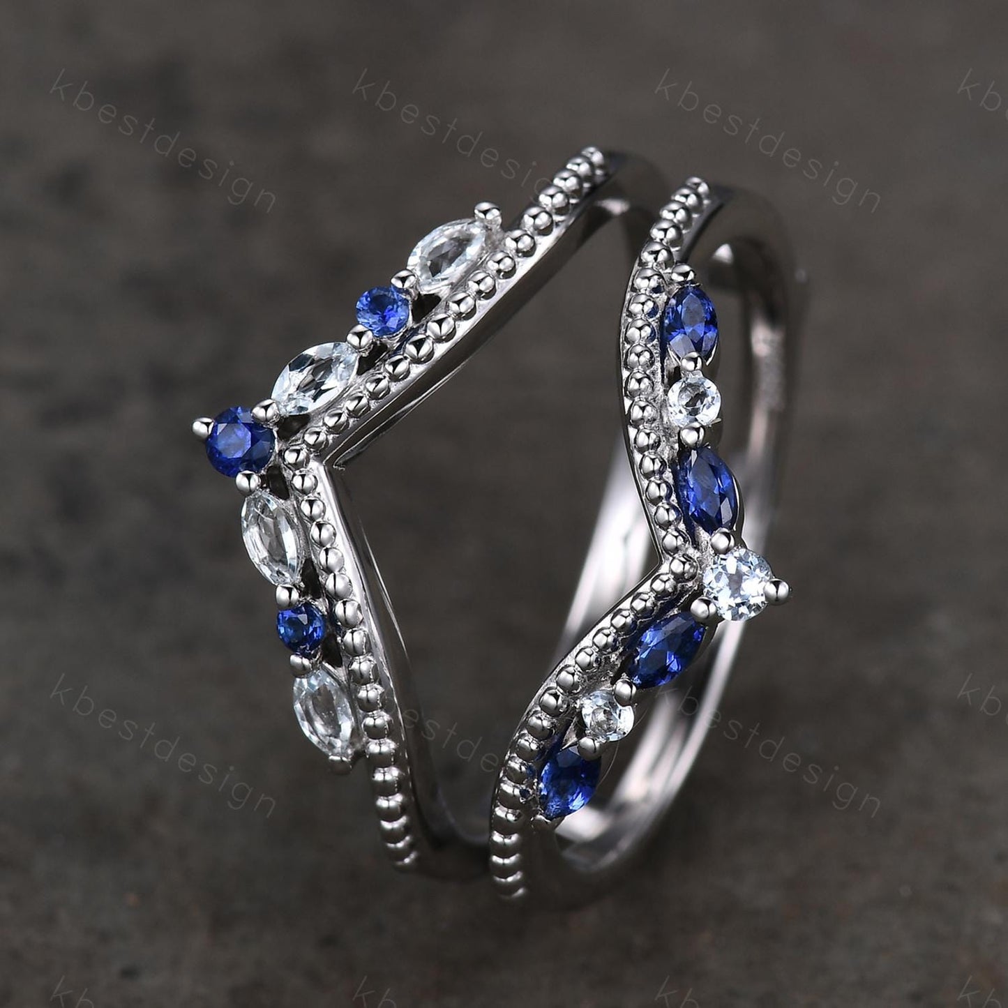 Unique curved Blue Sapphire wedding band art deco double curved aquamarine stacking band vintage marquise enhancer bridal promise ring