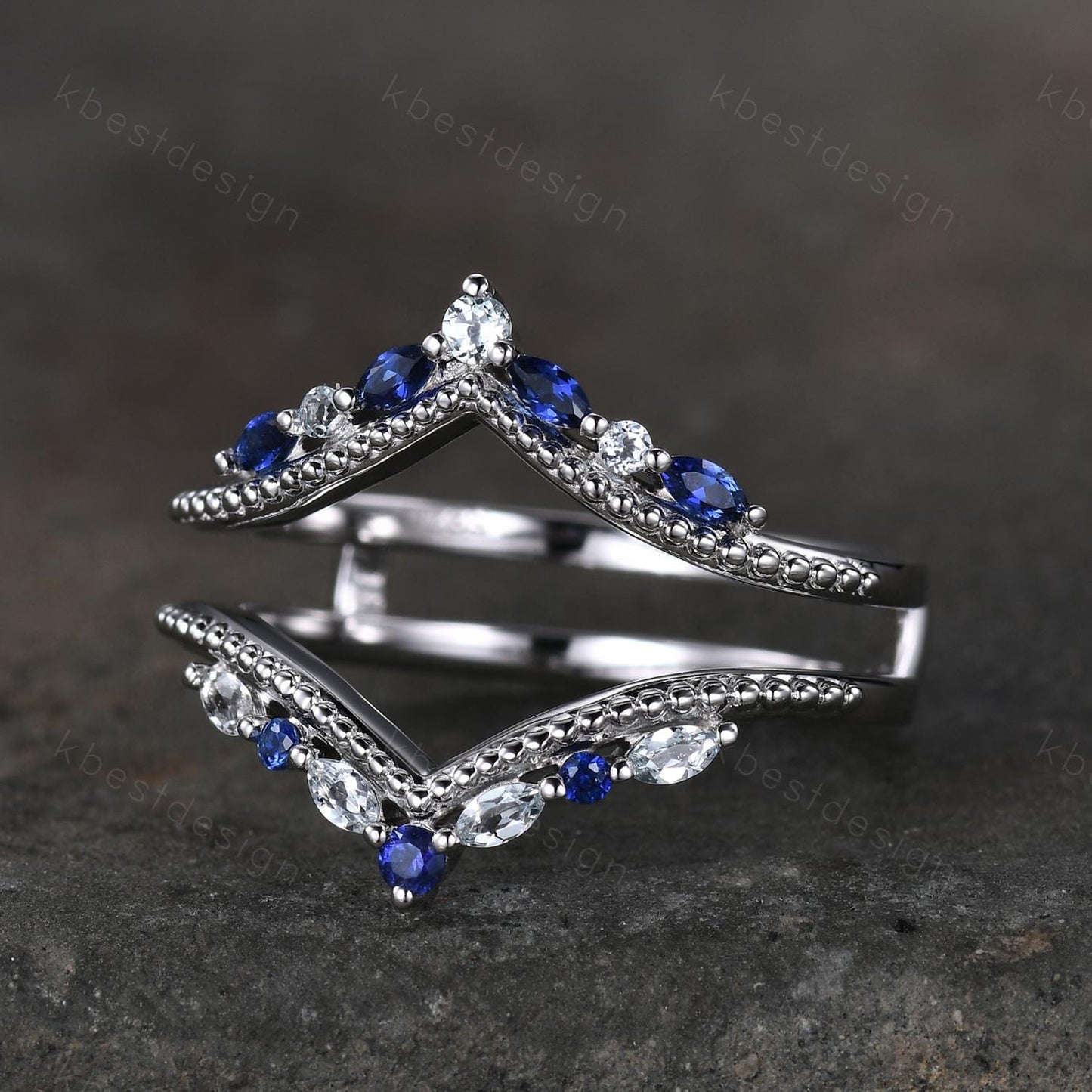 Unique curved Blue Sapphire wedding band art deco double curved aquamarine stacking band vintage marquise enhancer bridal promise ring