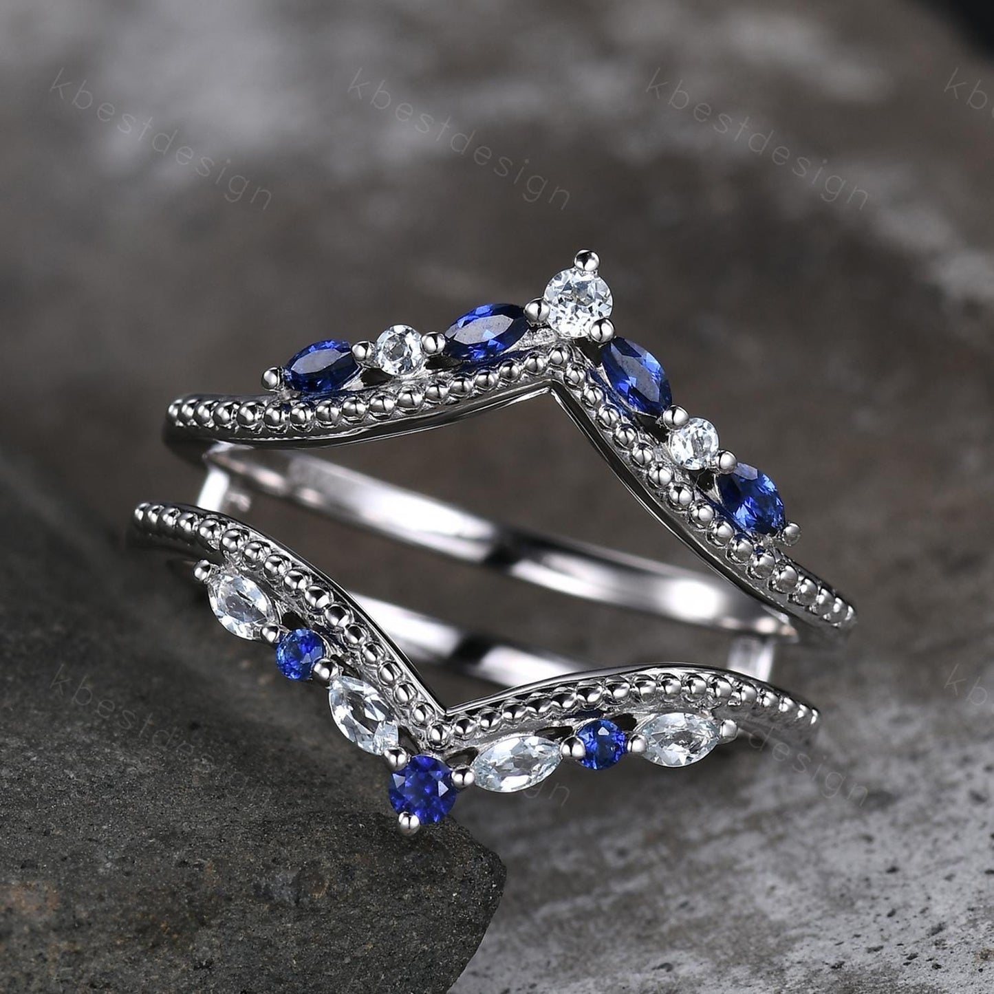 Unique curved Blue Sapphire wedding band art deco double curved aquamarine stacking band vintage marquise enhancer bridal promise ring