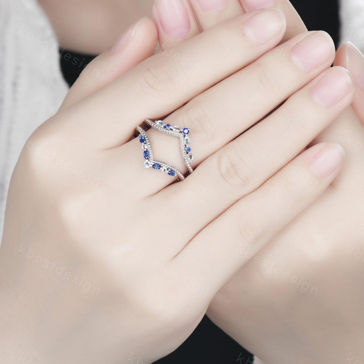 Unique curved Blue Sapphire wedding band art deco double curved aquamarine stacking band vintage marquise enhancer bridal promise ring