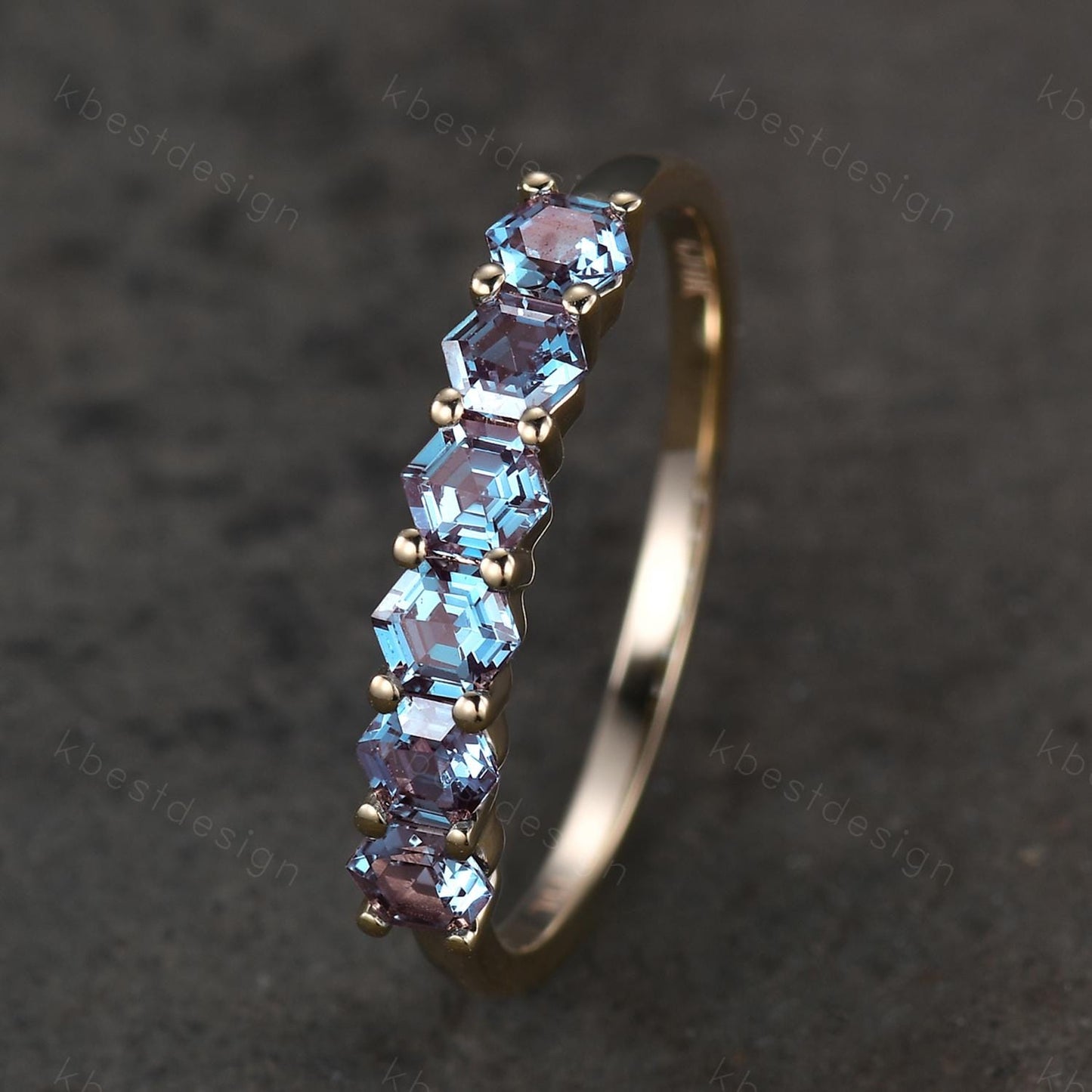 Hexagon cut Alexandrite wedding ring Unique 14k solid gold wedding band 6-stone ring Minimalist Bridal matching stackable band June ring