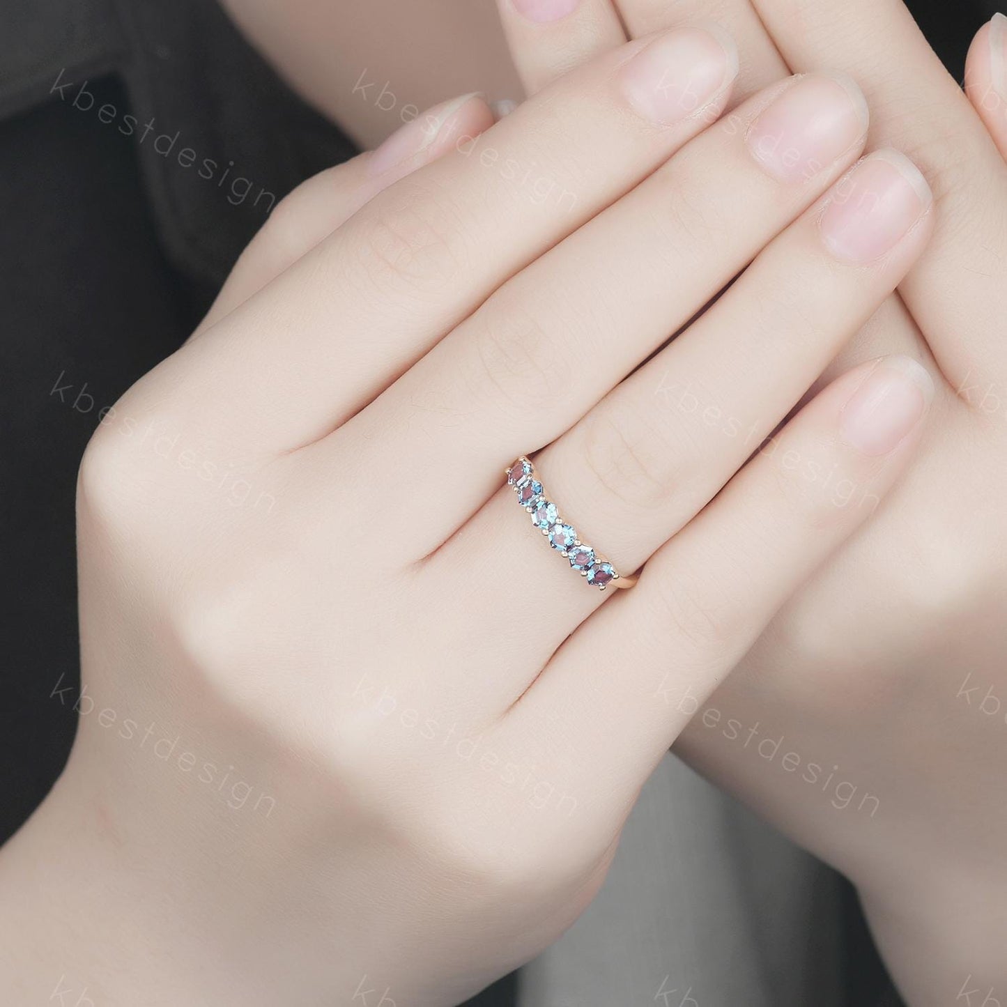 Hexagon cut Alexandrite wedding ring Unique 14k solid gold wedding band 6-stone ring Minimalist Bridal matching stackable band June ring