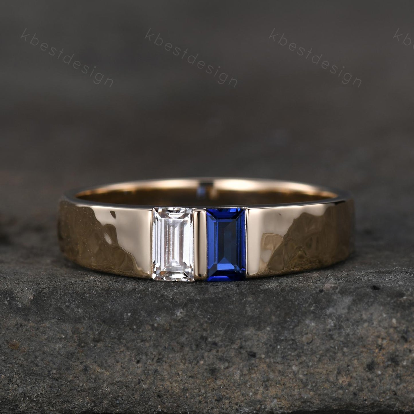 Baguette Blue Sapphire Moissanite Wedding Band Mens Gemstone Wedding Ring 5MM Solid Gold Ring Mens Hammered Stacking Band Personalized Ring