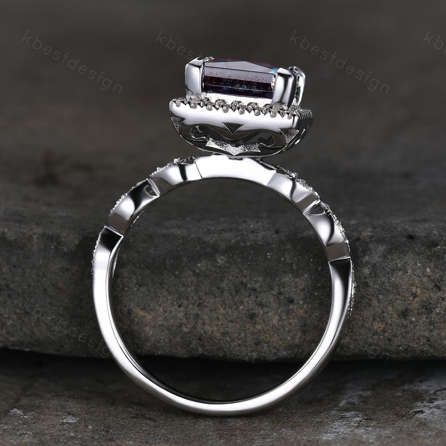 7mm Princess cut Alexandrite Engagement Ring Unique Art Deco Moissanite Halo Ring Square Ring Alexandrite Bridal Jewelry June Promise Ring